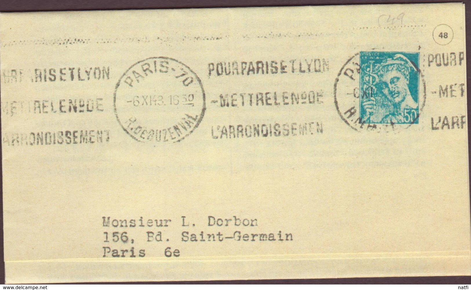 PLI TIMBRE 1943  PARIS 70  RUE DE BUZENVAL VOIR PHOTO - 1921-1960: Période Moderne
