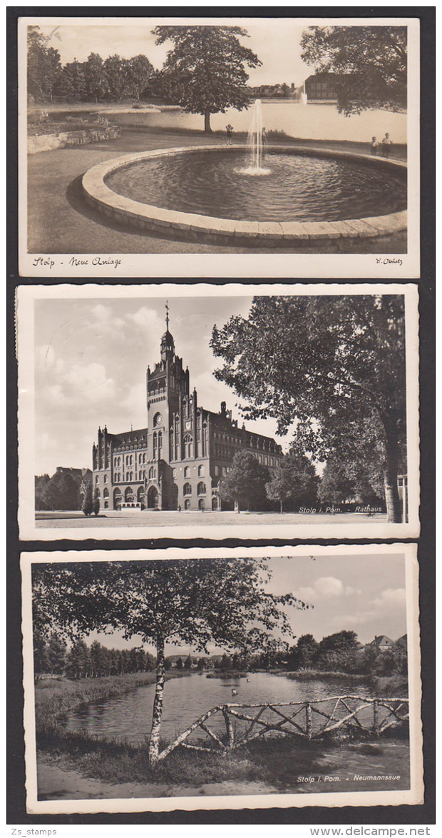 Stolp SÅ‚upsk Pommern Rathaus Neumannsaue Neue Anlage, 3 Ktn Frankiert Mit Zdr. Hindenburg SSt. "Stolper Jungchen" - Pommern