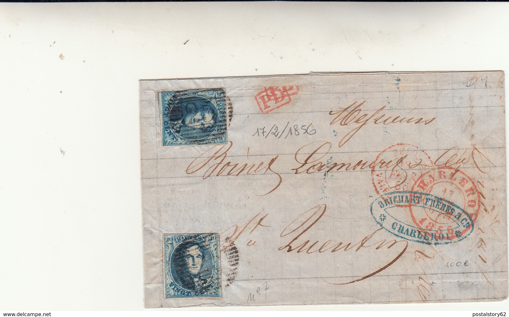 Charleroi To Saint Quentin. Cover 1856 - 1849-1865 Médaillons (Autres)