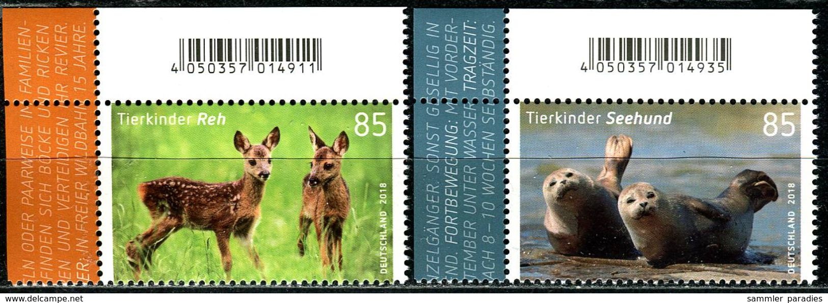 BRD - Michel 3352 / 3353 ECKE LIO - ** Postfrisch (B) - 85-85C  Tierkinder Reh Seehund, Ausgabe: 02.01.2018 - Ungebraucht