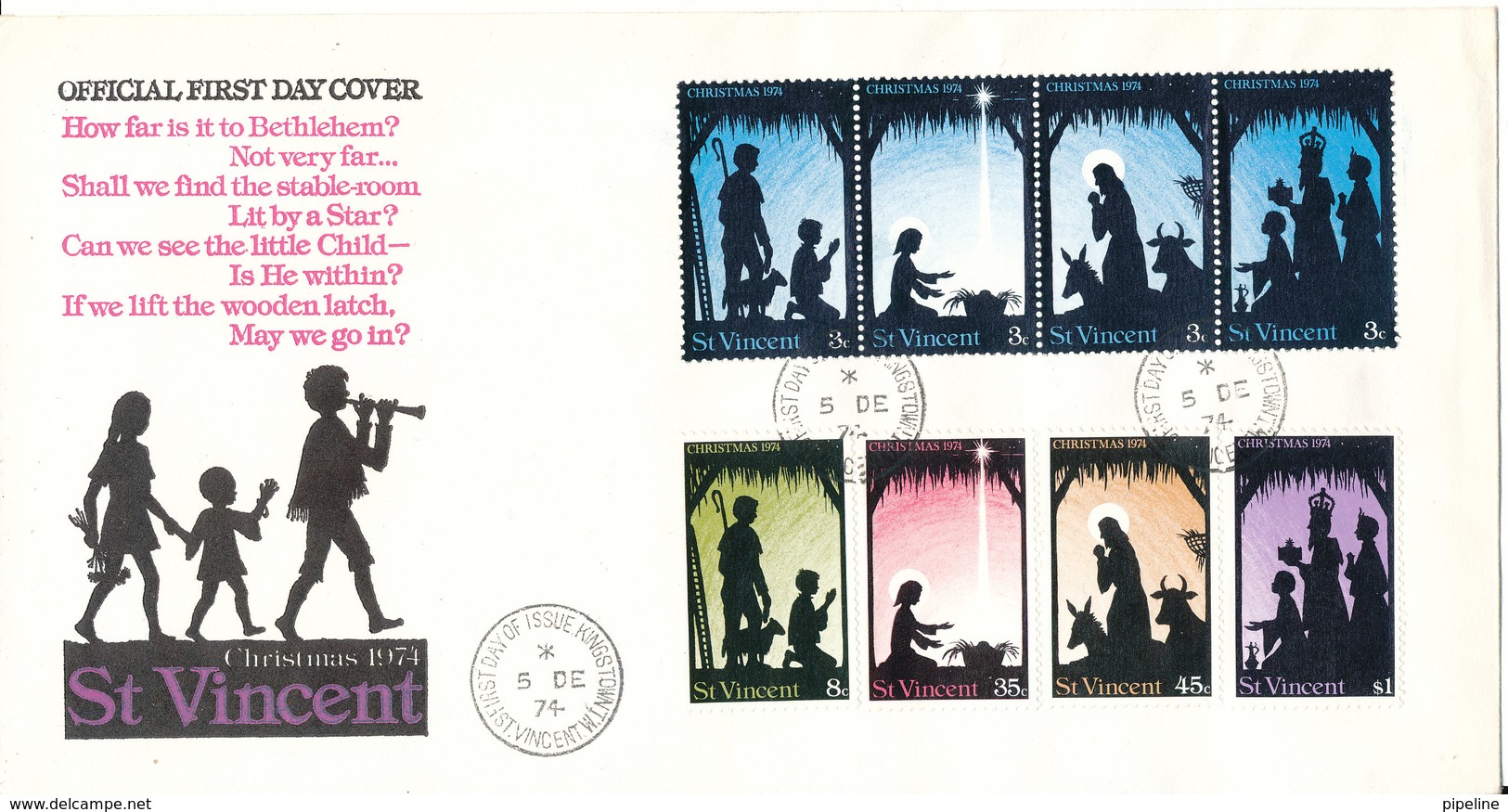 St. Vinccent FDC 5-12-1974 Christmas 1974 Complete Set Of 8 Stamps With Cachet - St.Vincent (...-1979)