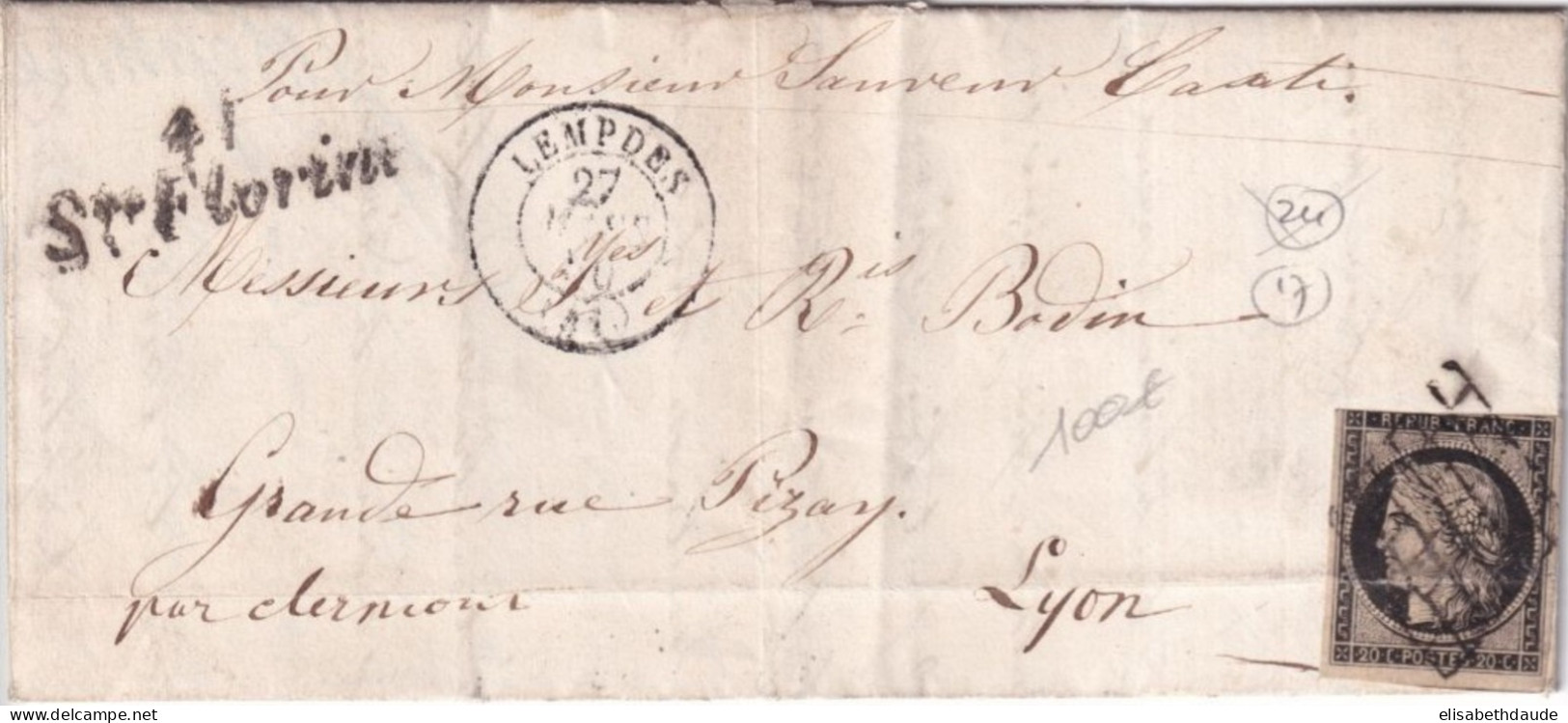 1850 - HAUTE LOIRE - LETTRE De STE FLORINE Avec CURSIVE +  T15 + GRILLE De LEMPDES => LYON - 1849-1850 Cérès
