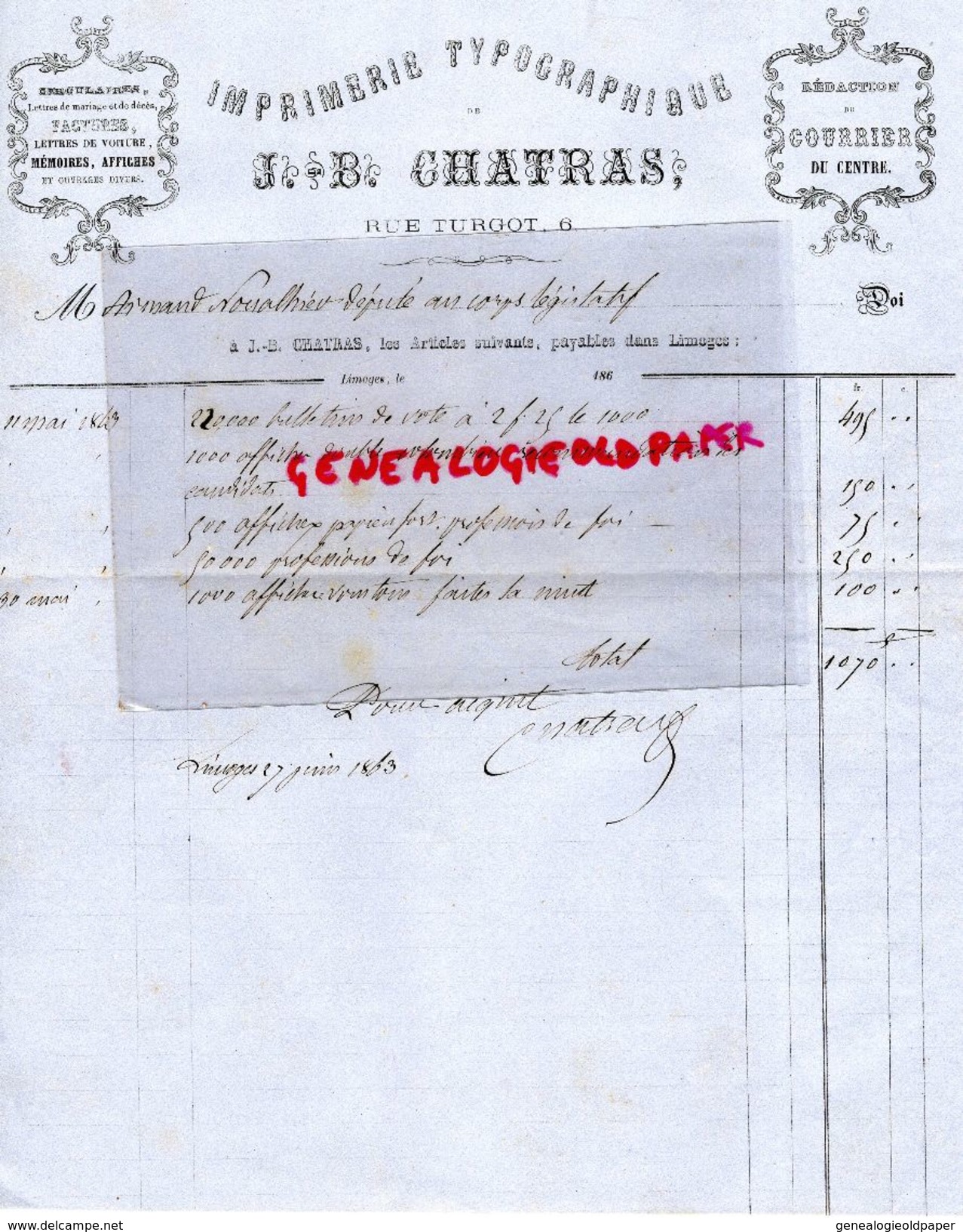 87 - LIMOGES- RARE FACTURE IMPRIMERIE TYPOGRAPHIQUE J.B. CHATRAS- 8 RUE TURGOT- COURRIER DU CENTRE- 1863 - Drukkerij & Papieren