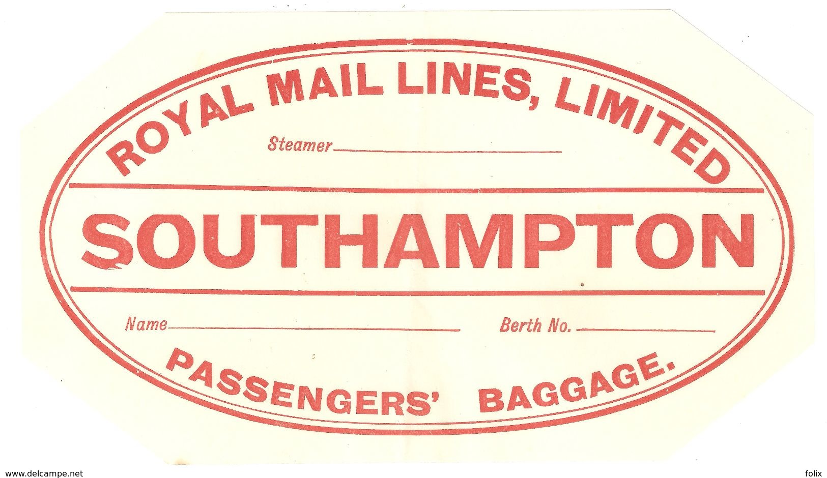 Luggage Label / Etiquette Bagage - Royal Mail Lines Southampton - Unused - Autres & Non Classés