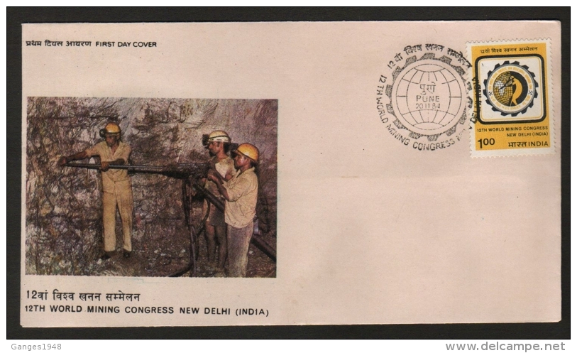 India  1984  Mining Machine Miners  World Mining Congress  BANGALORE  First Day Cover  # 05611   D Inde Indien - Minerals
