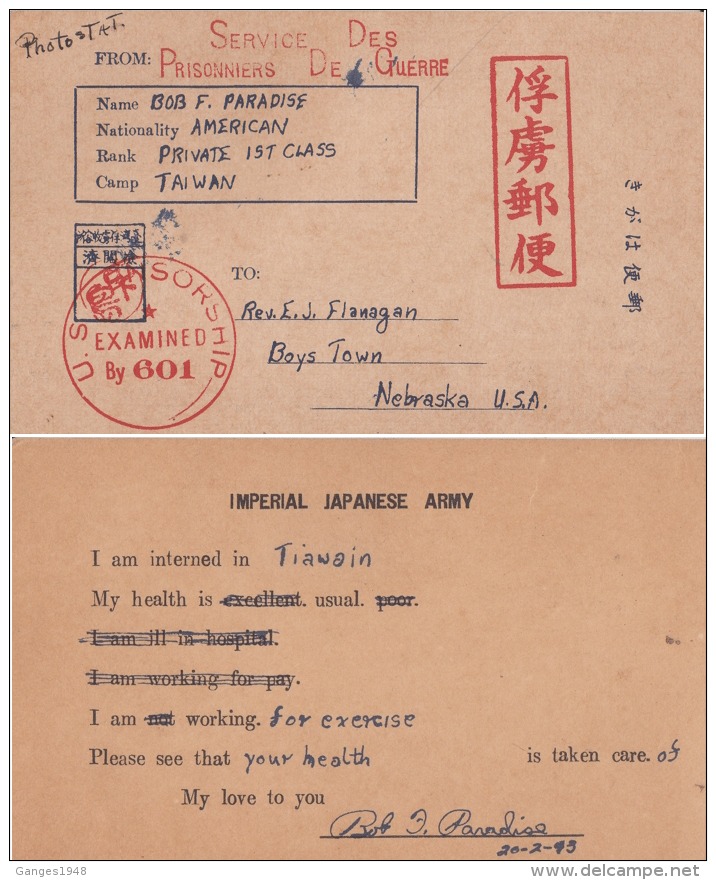 United States  1945  American P.O.W. In Japan  Interned At Taiwan POW Camp REPRINTED Postcard #  04222  D - Covers & Documents