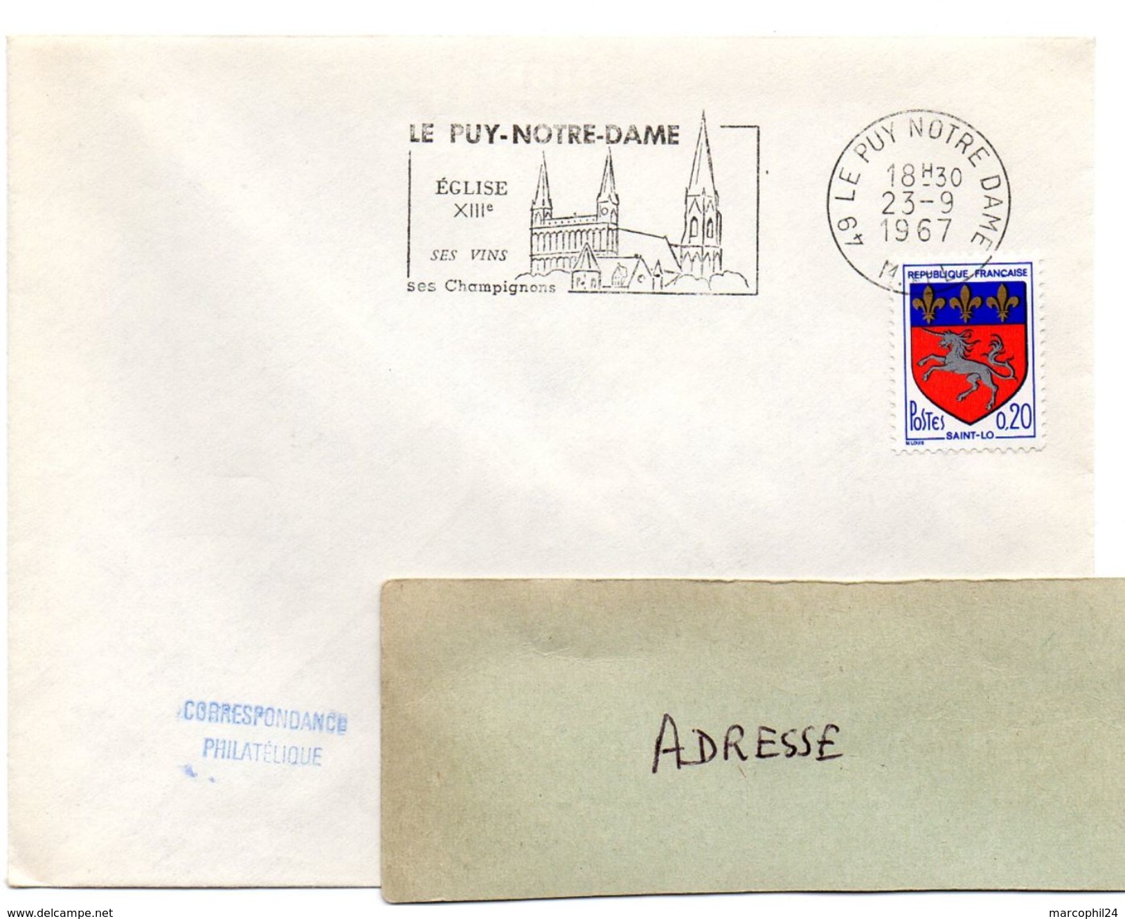 MAINE Et LOIRE - Dépt N° 49 = LE PUY NOTRE DAME 1967 = FLAMME Codée = SECAP Illustrée D'une EGLISE 'vins - Champignons ' - Oblitérations Mécaniques (flammes)