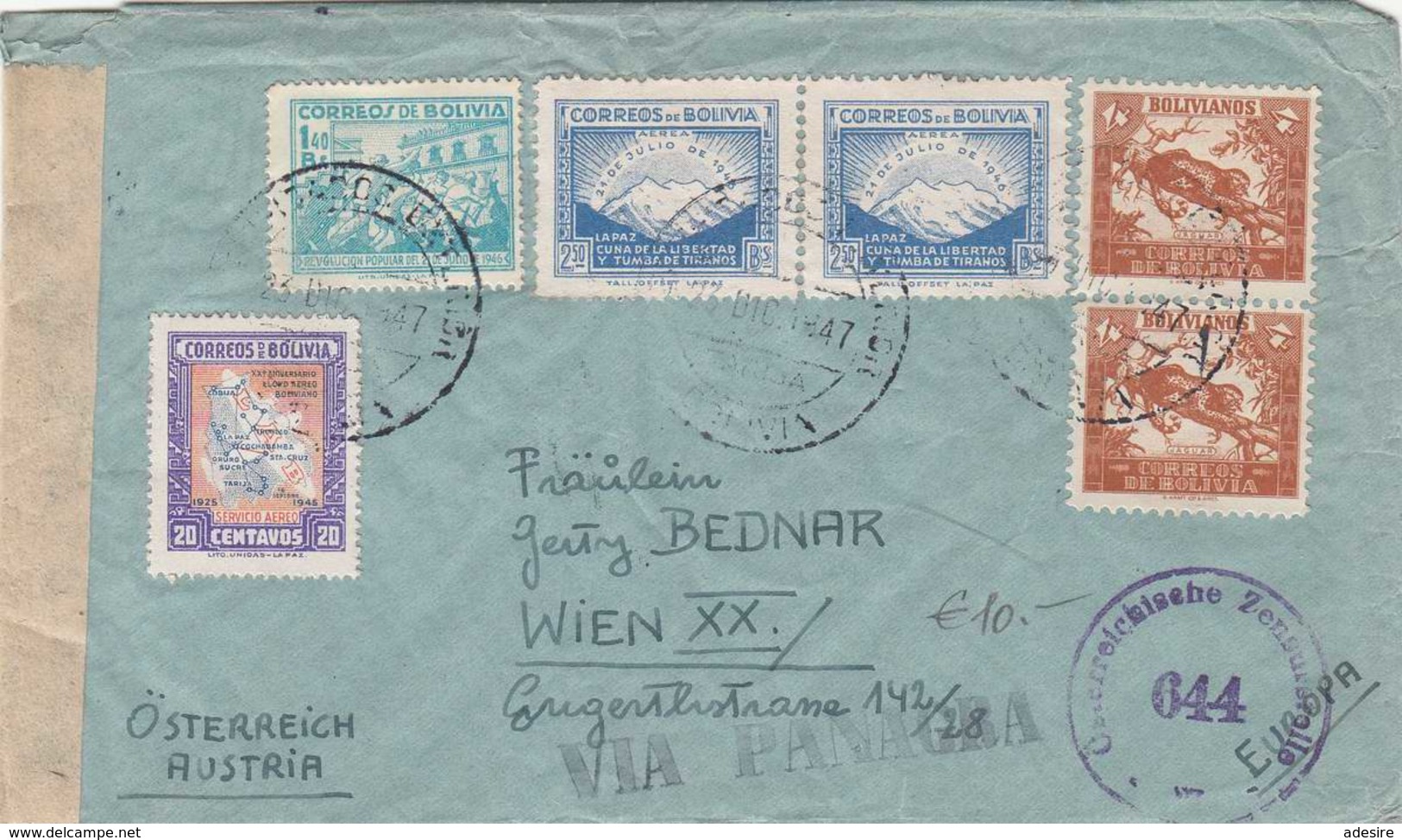 BOLIVIEN 1947 - 6 Fach Frankierung Auf Zensurierten LP-Brief Gel.v. Tarija/Bolivien > Wien XX - Bolivien