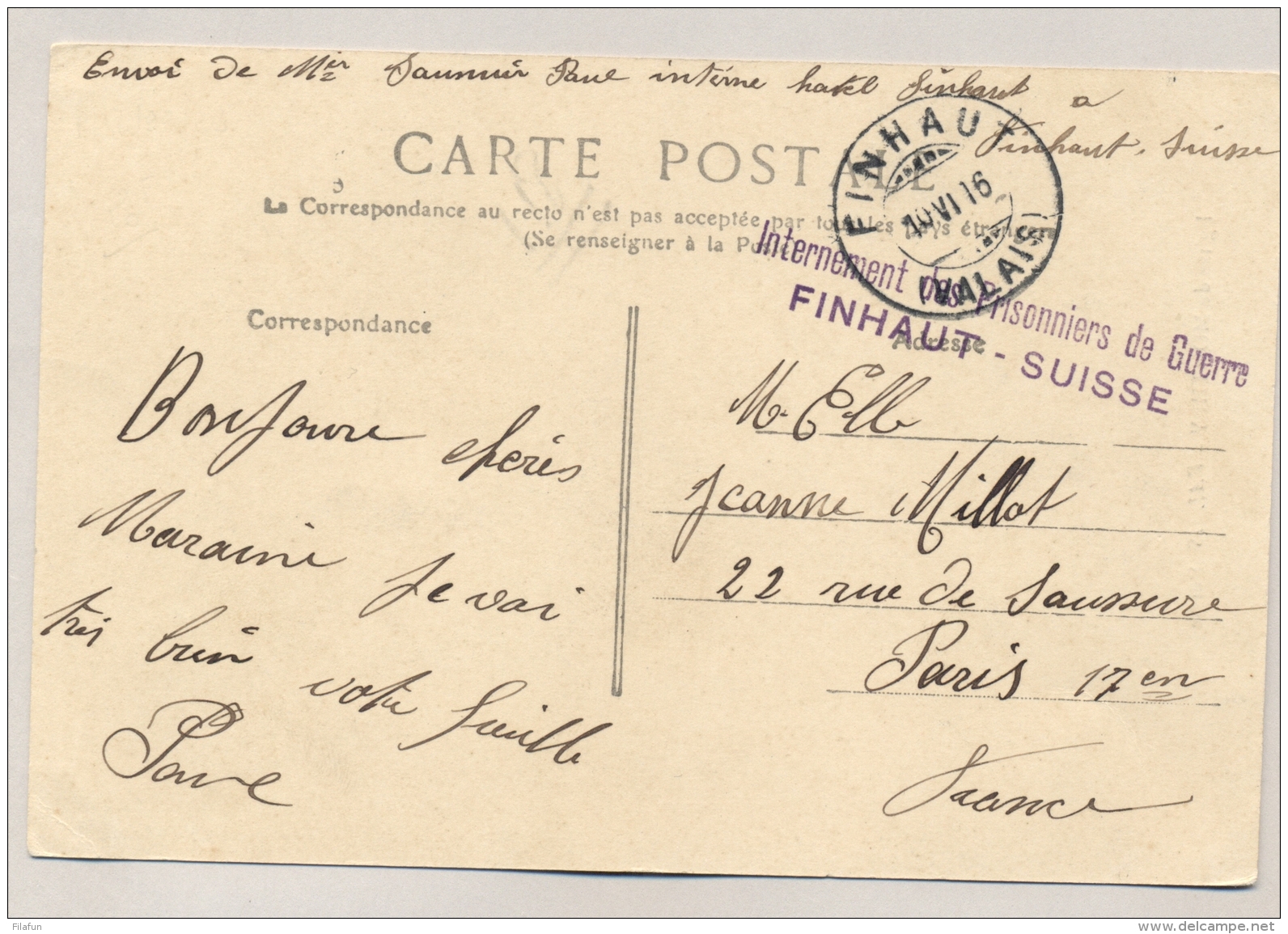 Schweiz - 1916 - POW-Postcard Internement Des Prisonniers De Guerre FINHAUT - SUISSE To Paris / France - Documenten