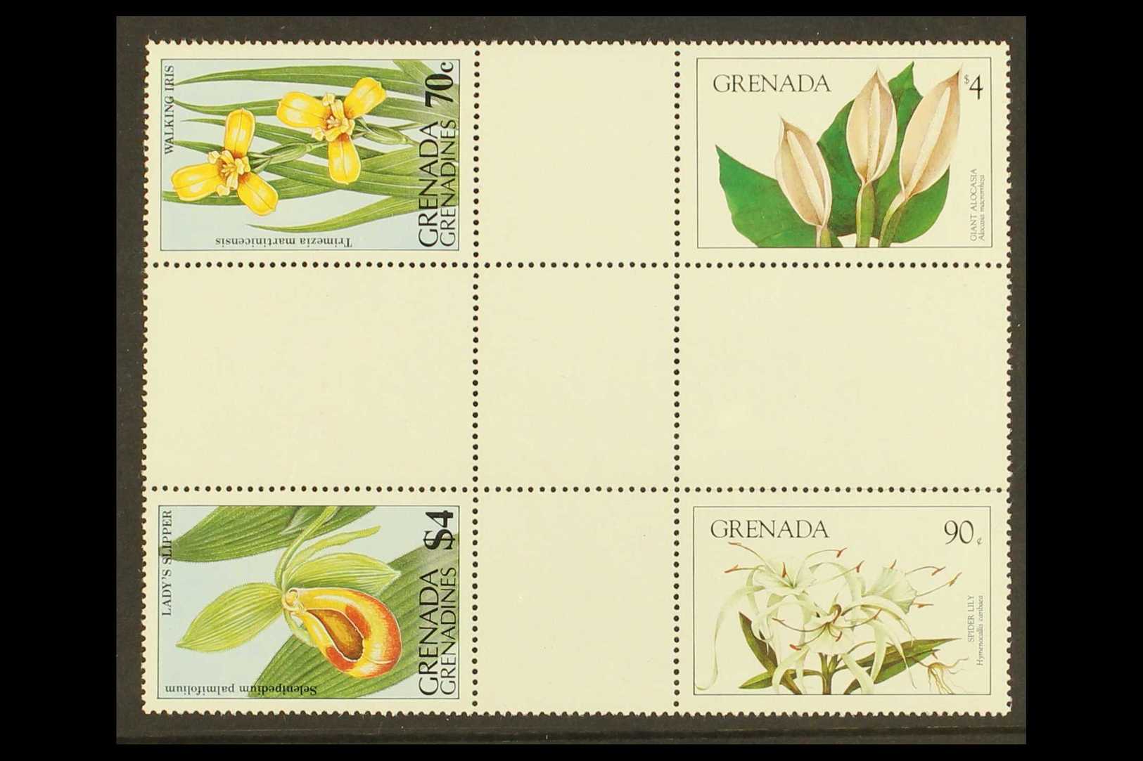 FLOWERS - RARE CROSS GUTTER BLOCK OF FOUR Grenada 1984 Flowers 90c (Spider Lily) And $4 (Giant Alocosa), SG 1331/1332, T - Ohne Zuordnung