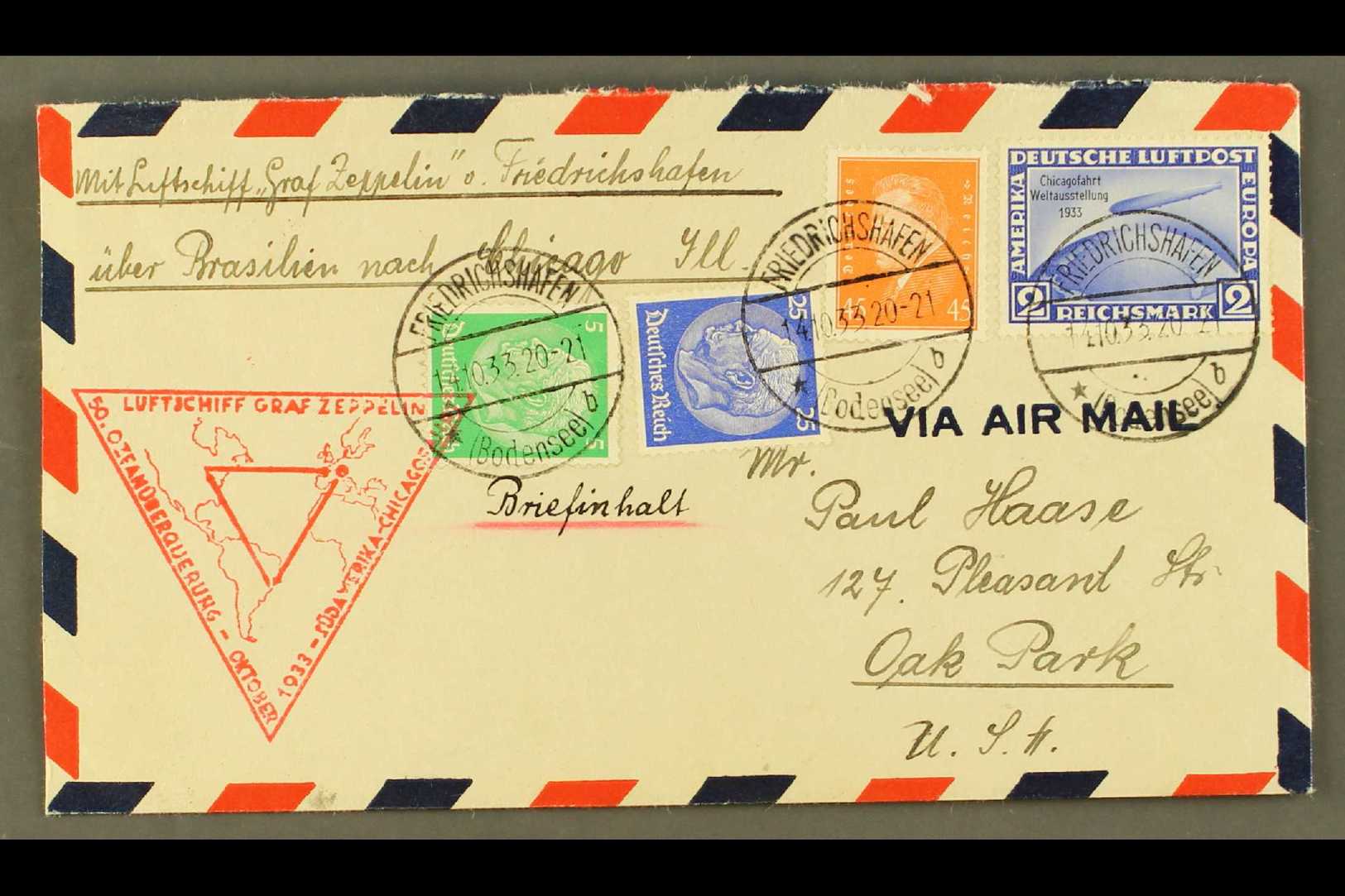 ZEPPELIN MAIL 1933 14th Oct, Europa - Recife Chicago Flight Cover Franked Chicago Flight 2Rm Blue Tied By Freidrichshafe - Unclassified