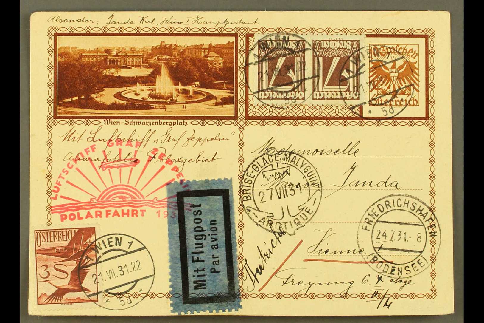 ZEPPELIN MAIL 1931 24th July, Polar Flight, Austrian Postal Stationery Card With 3 Additional Stamps Including The Scarc - Unclassified