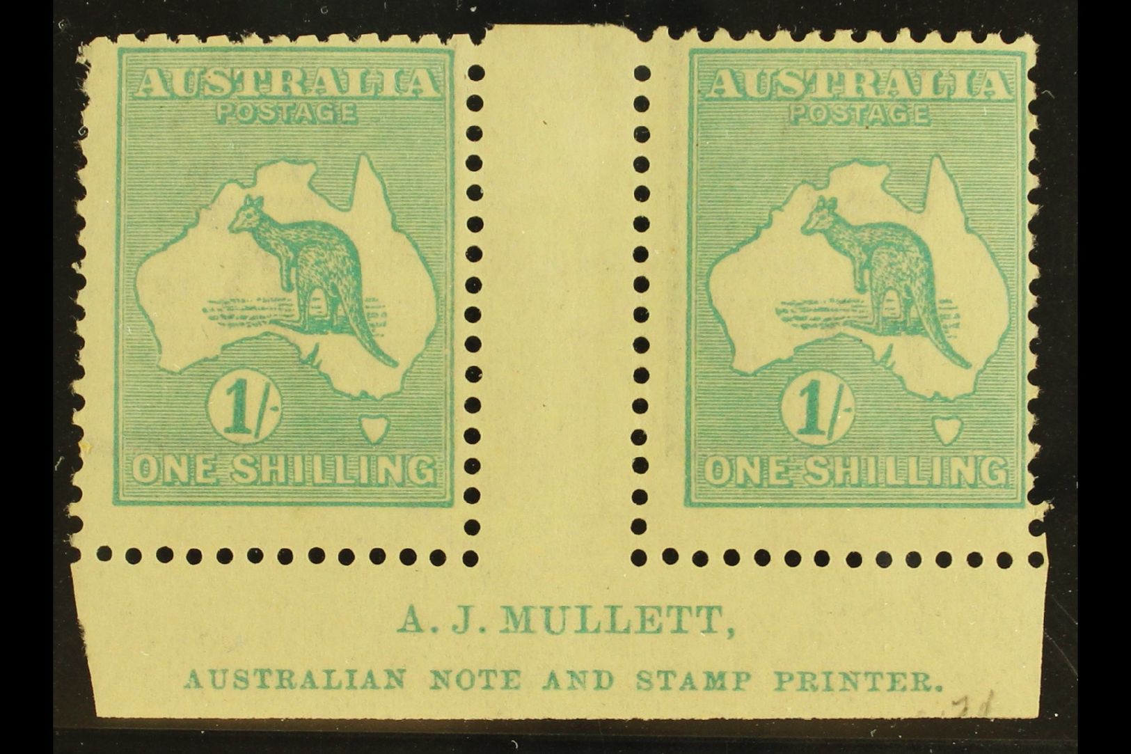 1915-27 1s Blue-green 'Roo, Die IIB, SG 40b, Lower Marginal Gutter Pair With "A.J. MULLETT" Inscription, Never Hinged Mi - Other & Unclassified