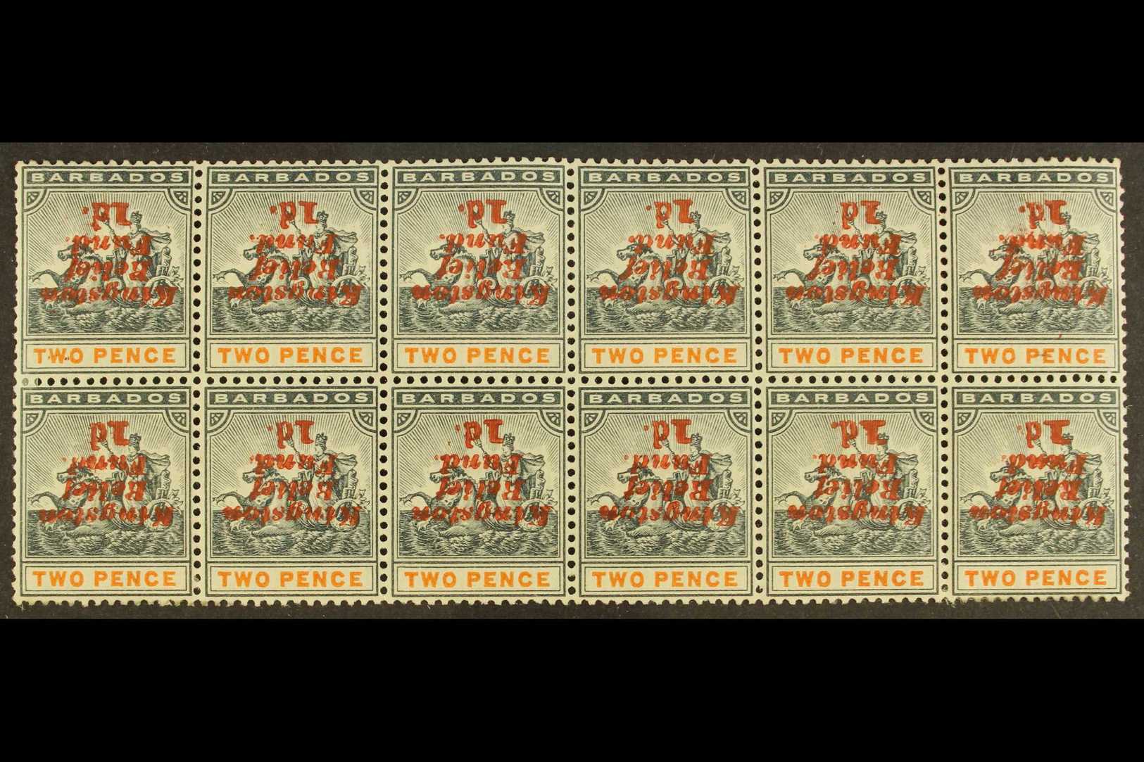 1907 KINGSTON RELIEF FUND (Eighth Setting) Inverted Overprint 1d On 2d, SG 153a, BLOCK OF TWELVE (6 X 2) Including Two N - Barbados (...-1966)