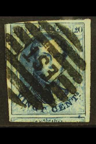 1861 20c Blue (SG 14, COB 11, Michel 8 II), Used With Superb Railway "EST" Barred Cancel, Four Margins Very Close At Top - Other & Unclassified