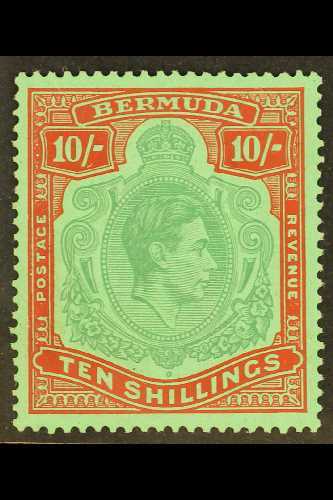 1939 10s Bluish Green & Deep Red On Green Perf 14, Chalky Paper, SG 119a, Never Hinged Mint For More Images, Please Visi - Bermuda