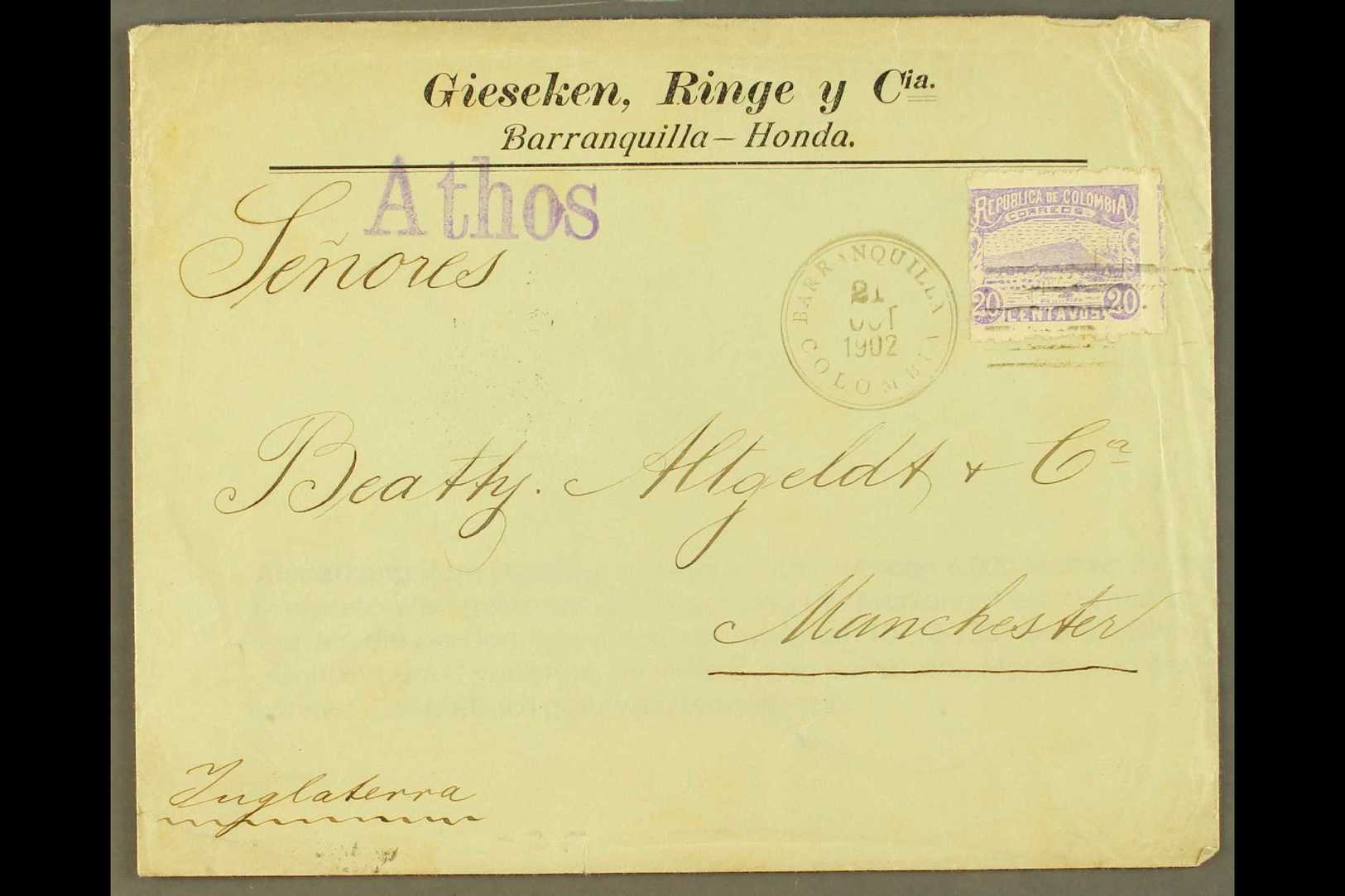 1902 S.S. "ATHOS" SHIP COVER. 1902 (Oct) Cover Addressed To England, Bearing 20c Stamp Tied By "Barranquilla" Postmark,  - Colombia