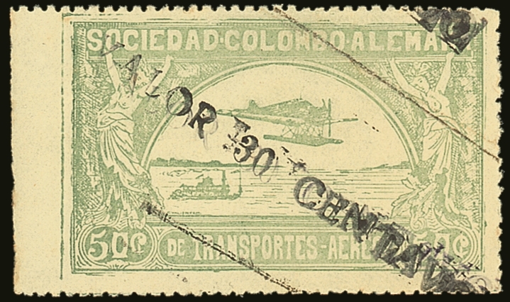 SCADTA 1921 (Oct) 30c On 50c Dull Green, SG 6 (Scott C20), Never Hinged Mint With Wide Straight Edge Sheet Margin At Lef - Colombia