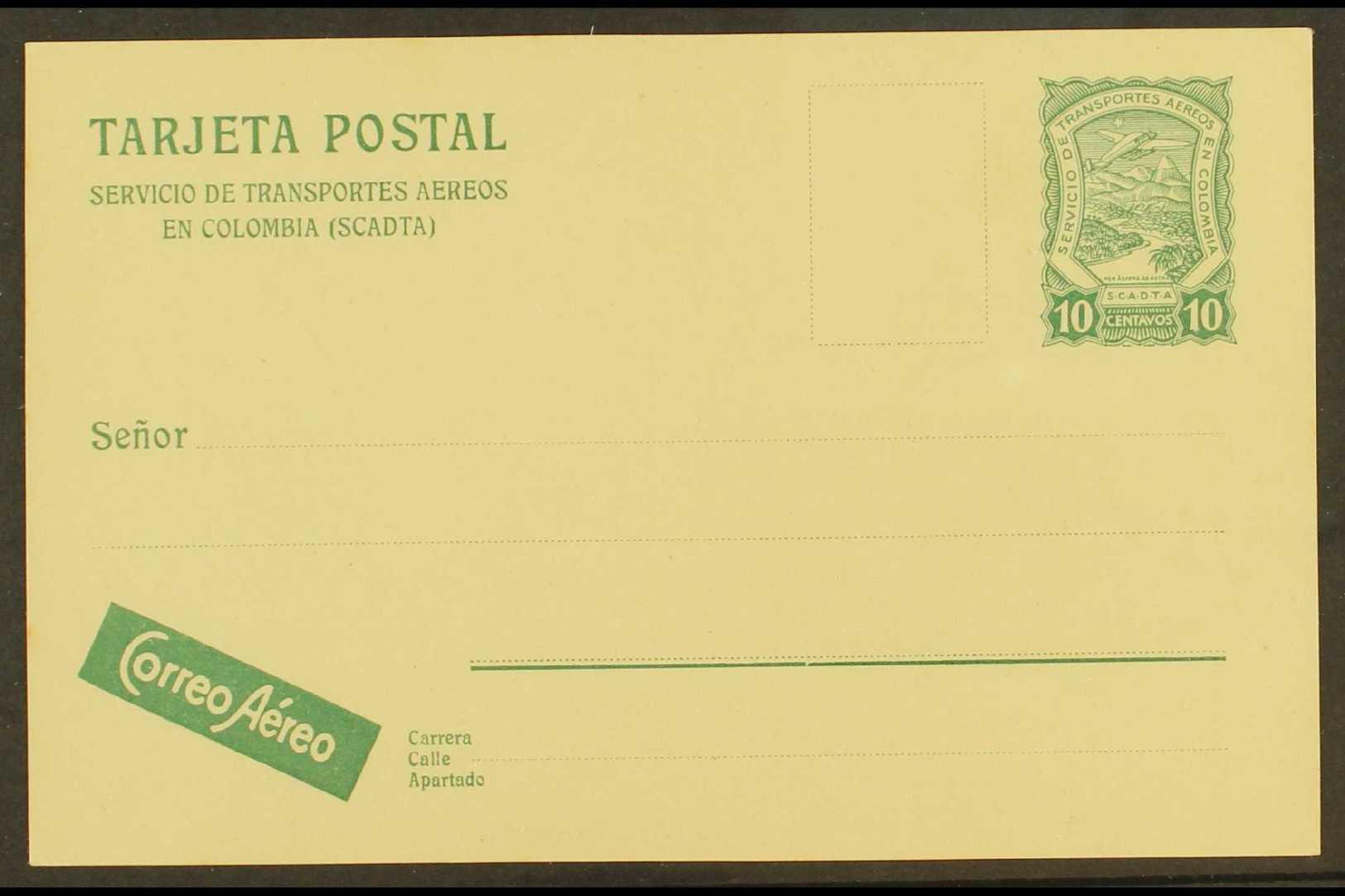 SCADTA 1923 10c Green On Amber Postal Stationery Postal Card, H&G 1, Very Fine Mint, Scarce. For More Images, Please Vis - Colombia