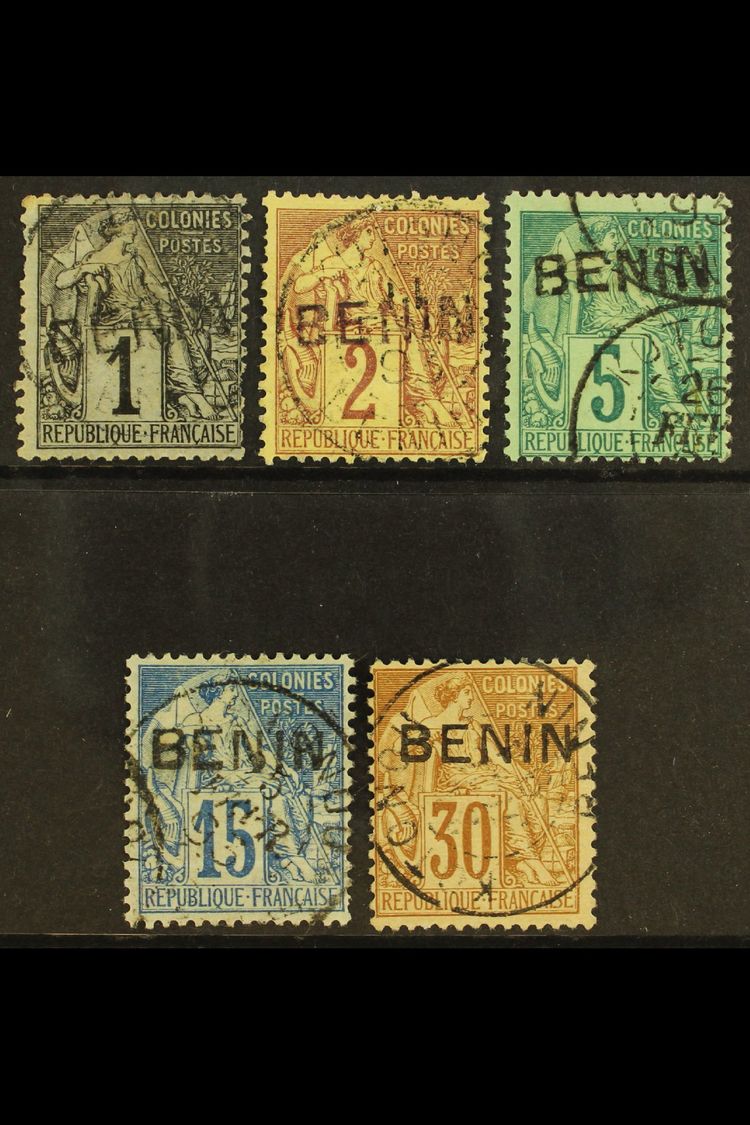 BENIN 1892 (black "BENIN" Handstamped) 1c (small Faults), 2c, 5c, 15c And 30c (Yvert 1, 2, 4, 6 & 9), Very Fine Used. (5 - Other & Unclassified
