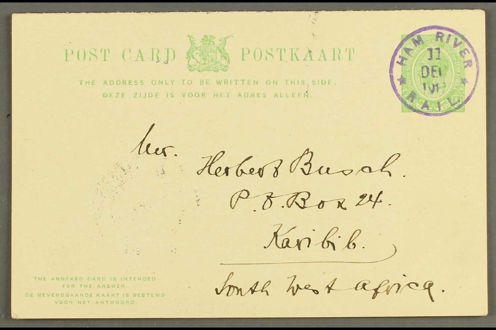 1917 (11 Dec) ½d Union Postal Card Addressed To Karibib With Superb Upright Violet "HAM RIVER / RAIL" Cds Postmark, Putz - South West Africa (1923-1990)