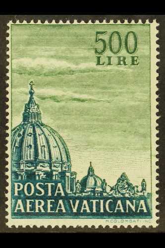 1958 500L Green And Deep Turquoise- Green Air Mail, Perf 14, Sassone 33/l, Very Fine Never Hinged Mint.  A Great Airmail - Other & Unclassified