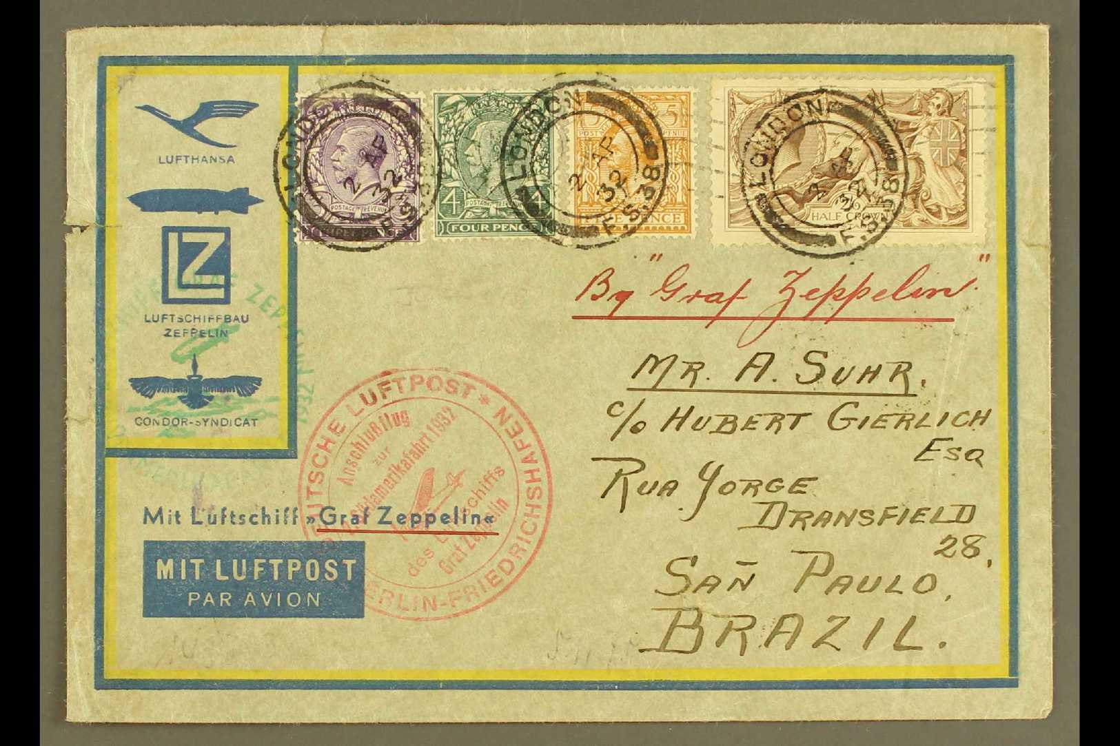 ZEPPELIN MAIL 1932 2nd South America Flight Cover Franked 3d, 4d, 5d And 2s 6d Seahorse, Tied By London 2 April Cds Canc - Unclassified