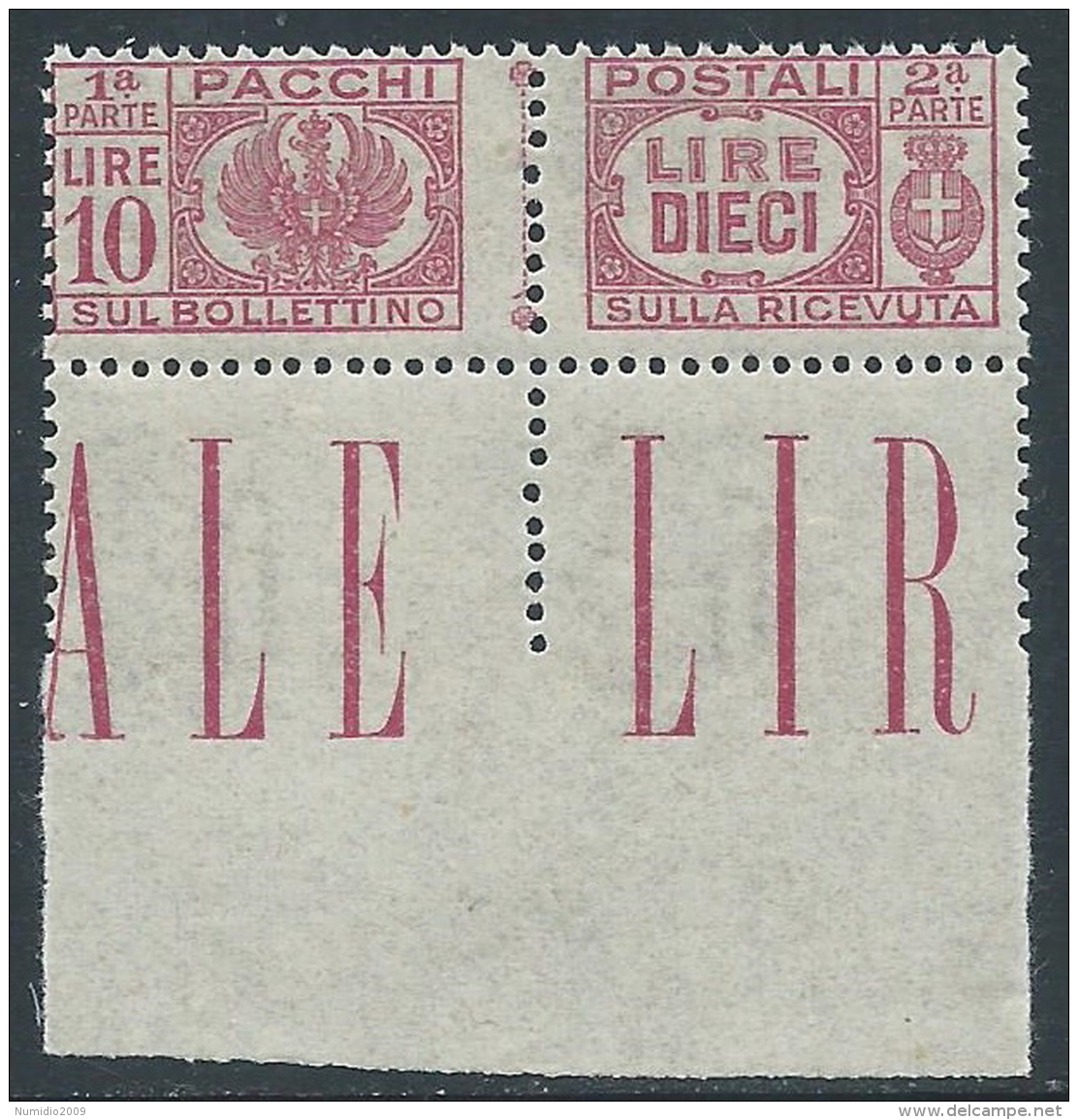 1946 LUOGOTENENZA PACCHI POSTALI 10 LIRE LUSSO MNH ** - I29-10 - Postal Parcels