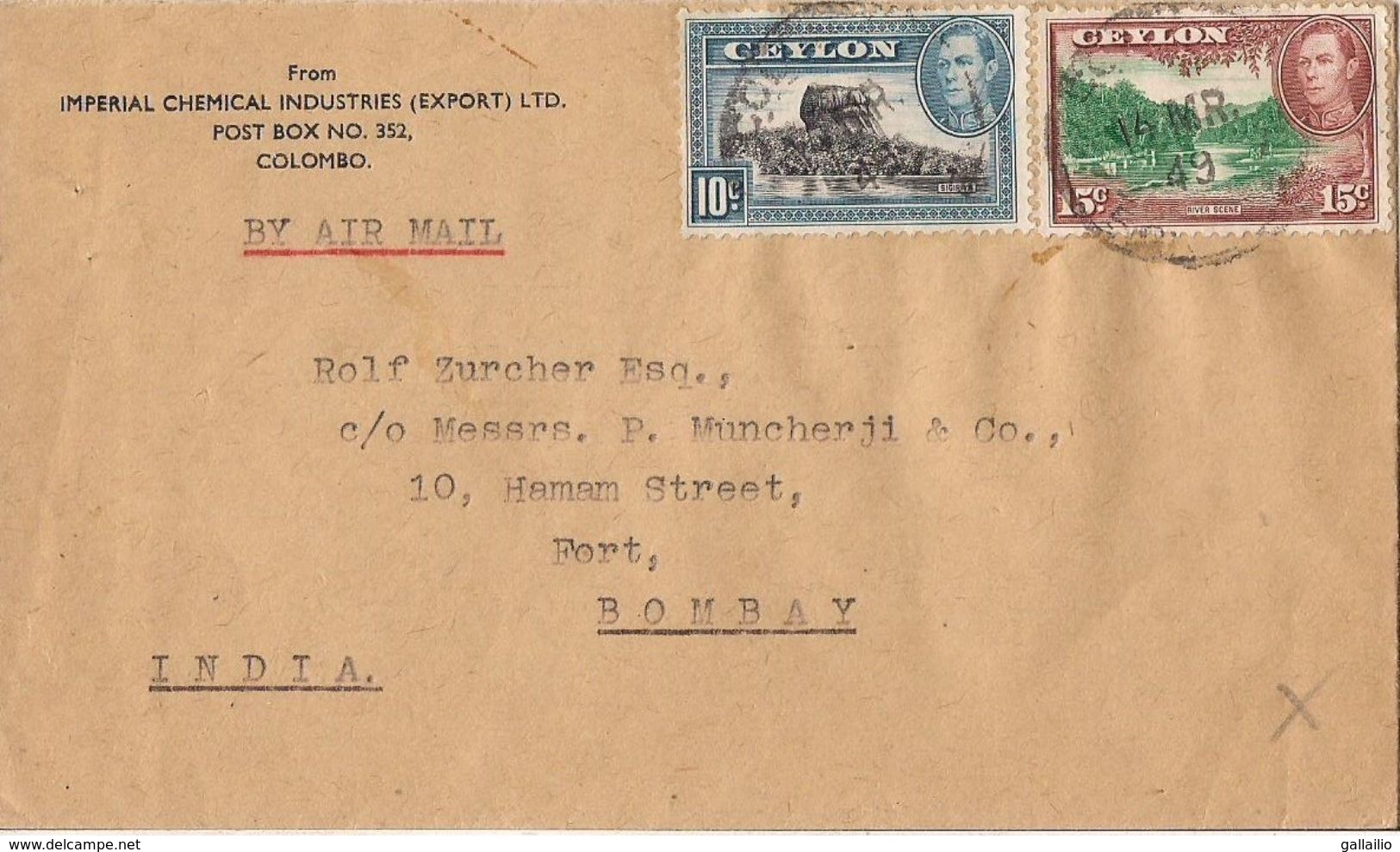 MARCOPHILIE LETTRE CEYLON CEYLAN DE 1949 COLOMBO TP NO 255 YT - Sri Lanka (Ceilán) (1948-...)