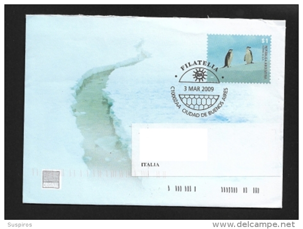 ARGENTINA  2099 PRESTAMP ENVELOPE TRAVELLED PINGUINS  WITH BOOKLET POLAR GLACIERS - Franking Labels