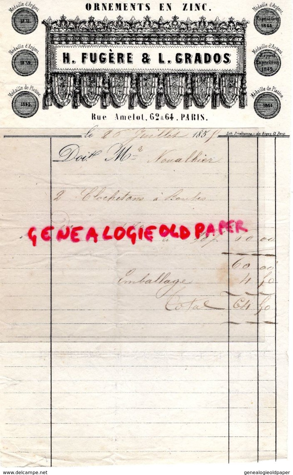 75- PARIS- RARE FACTURE H. FUGERE & L. GRADOS- ORNEMENTS EN ZINC-62 RUE AMELOT- 1857 - Straßenhandel Und Kleingewerbe