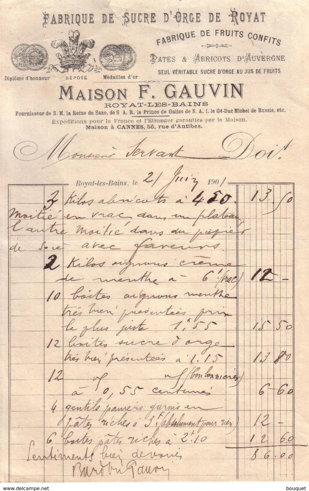 PUY DE DÔME - CLERMONT FERRAND - MAISON F. GAUVIN - SUCRE D'ORGE ET FRUITS CONFITS DE ROYAT - 1901 - Lebensmittel