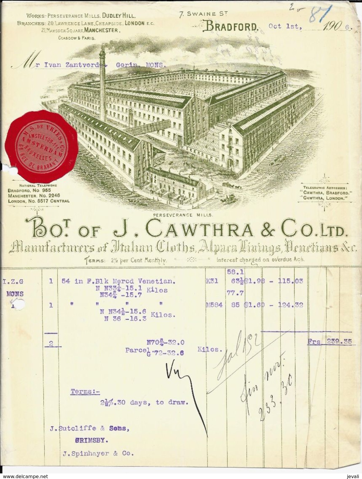 BRADFORD   Bot. Of  J . Cawthra & Co LTD - United Kingdom