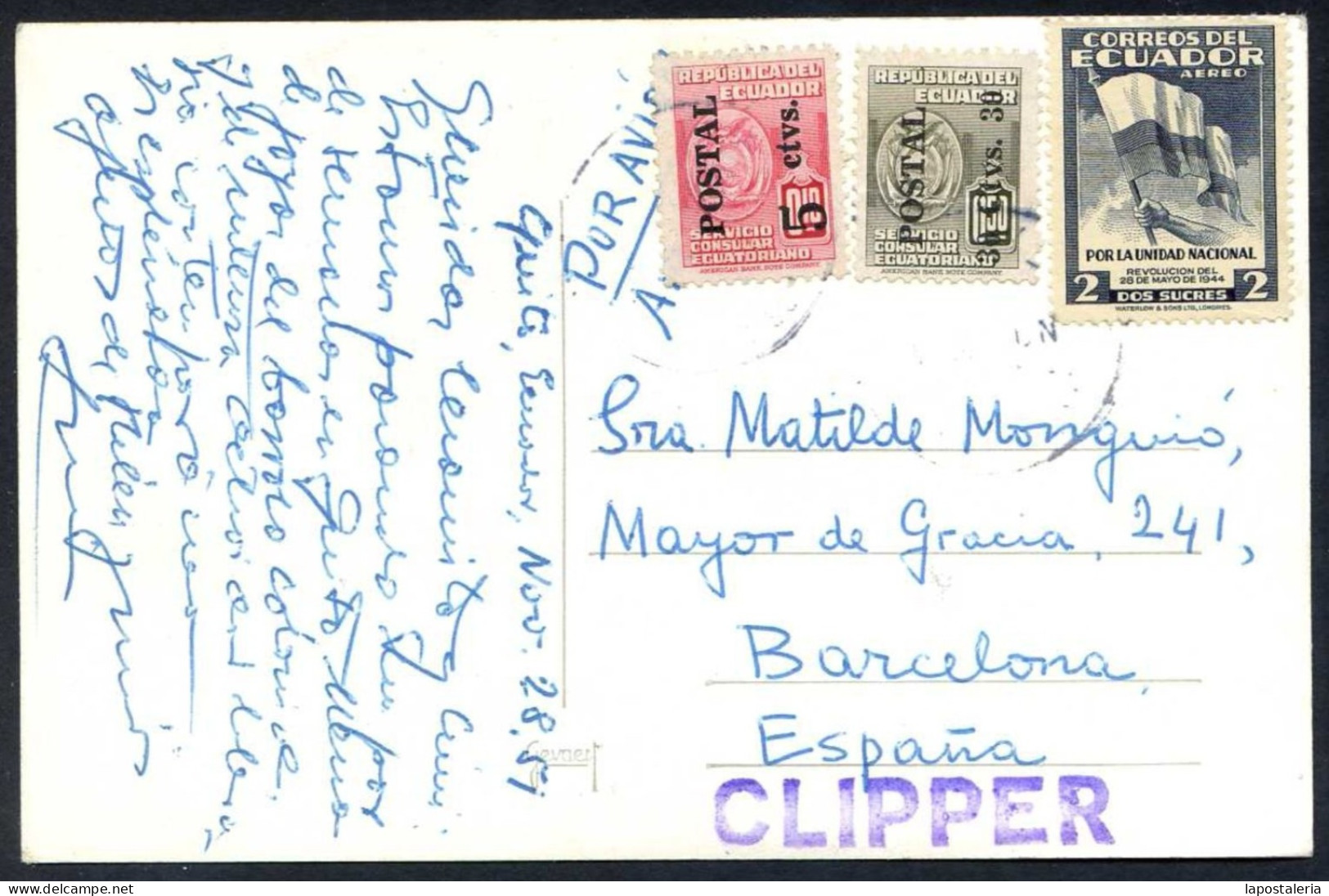 Ecuador. Quito. RPPC. Circulada 1951 + Tampón Clipper. - Ecuador