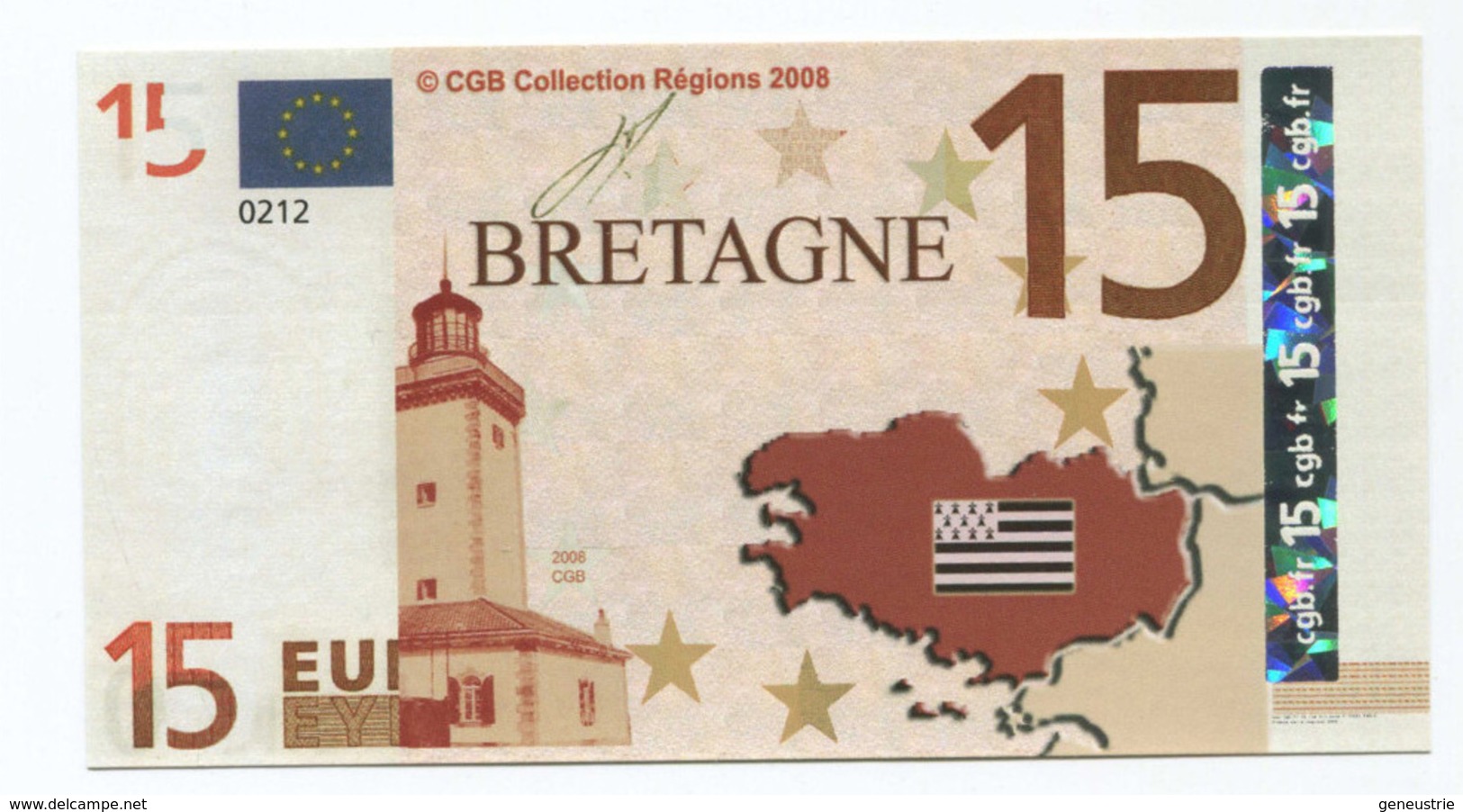 Billet De 15 Euros "Bretagne" 2008 - CGB - Billet Fictif 15€ - Brittany Banknote - Altri & Non Classificati