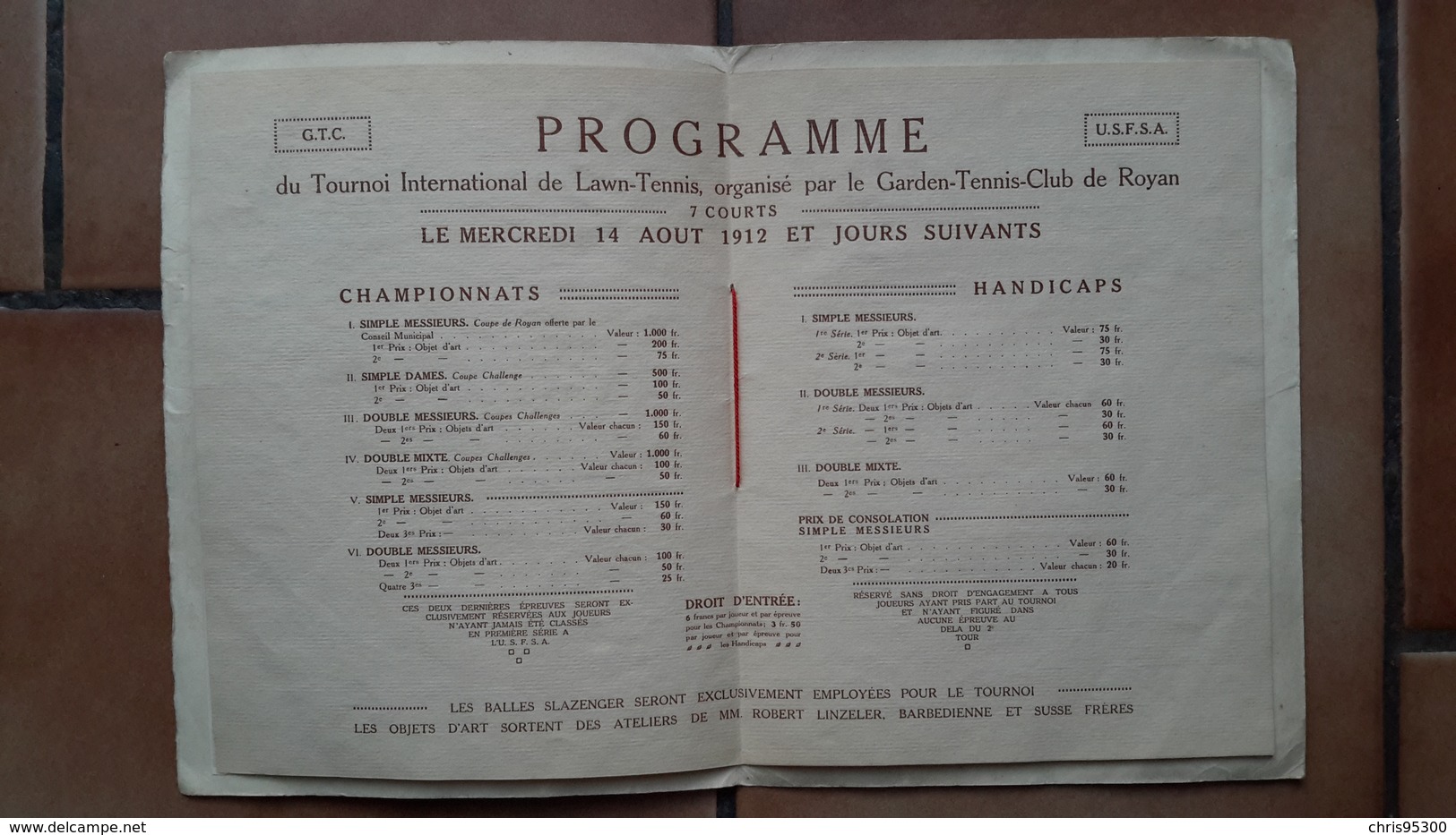 PROGRAMME ANCIEN - ROYAN 17 CHARENTE MARITIME - GARDEN TENNIS CLUB - TOURNOI 1912 - SPORT - Autres & Non Classés