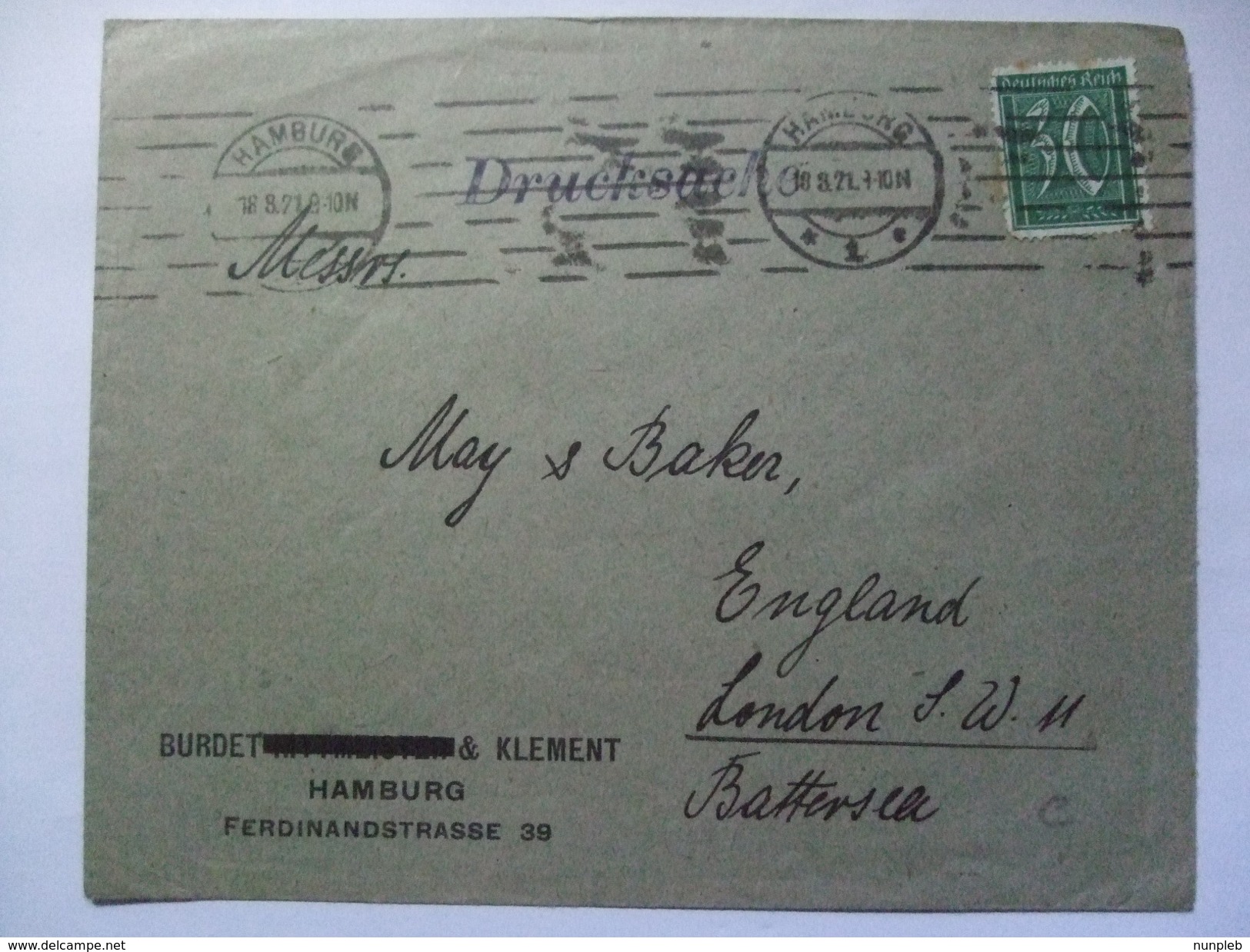 GERMANY - Inflation Period Cover - 1921 Hamburg To London - Drucksache Cachet - 30pf - Covers & Documents