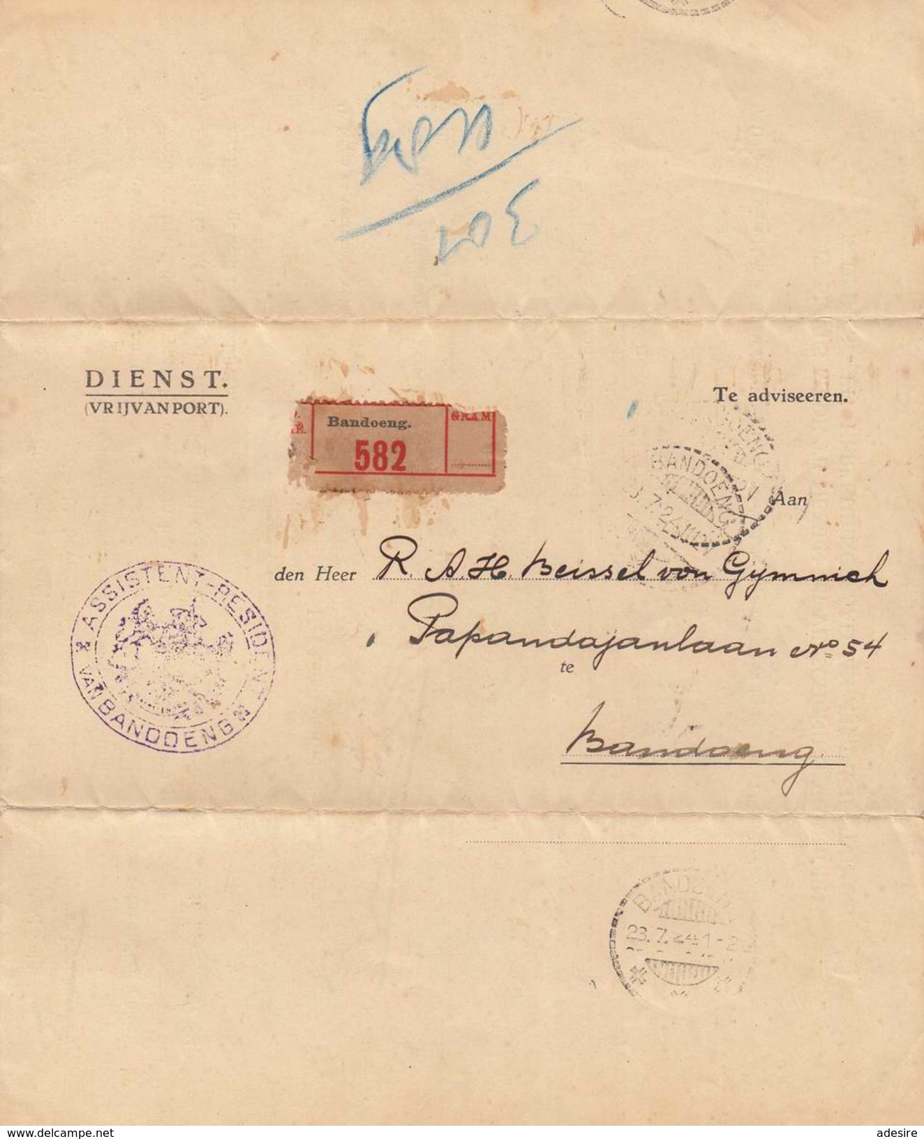 INDONESIEN, BANDOENG 1924 (niederländisch Indien) - Dokument "Dienstpflicht" Als Reco Faltbrief Gel.1924 Stempel BANDOEN - Indonesien