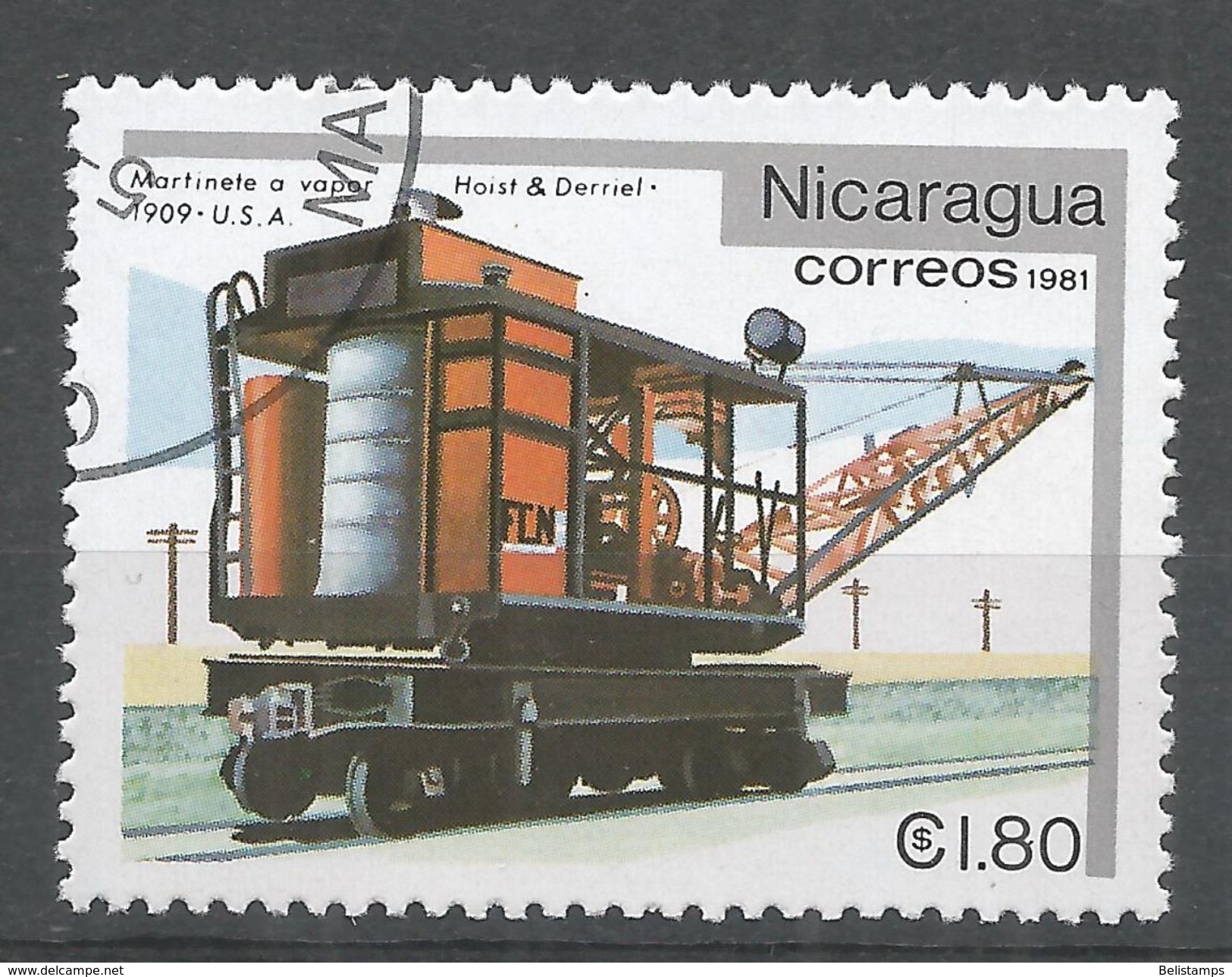 Nicaragua 1981. Scott #1136 (U) Locomotive, Hoist & Derriel 1909 - Nicaragua