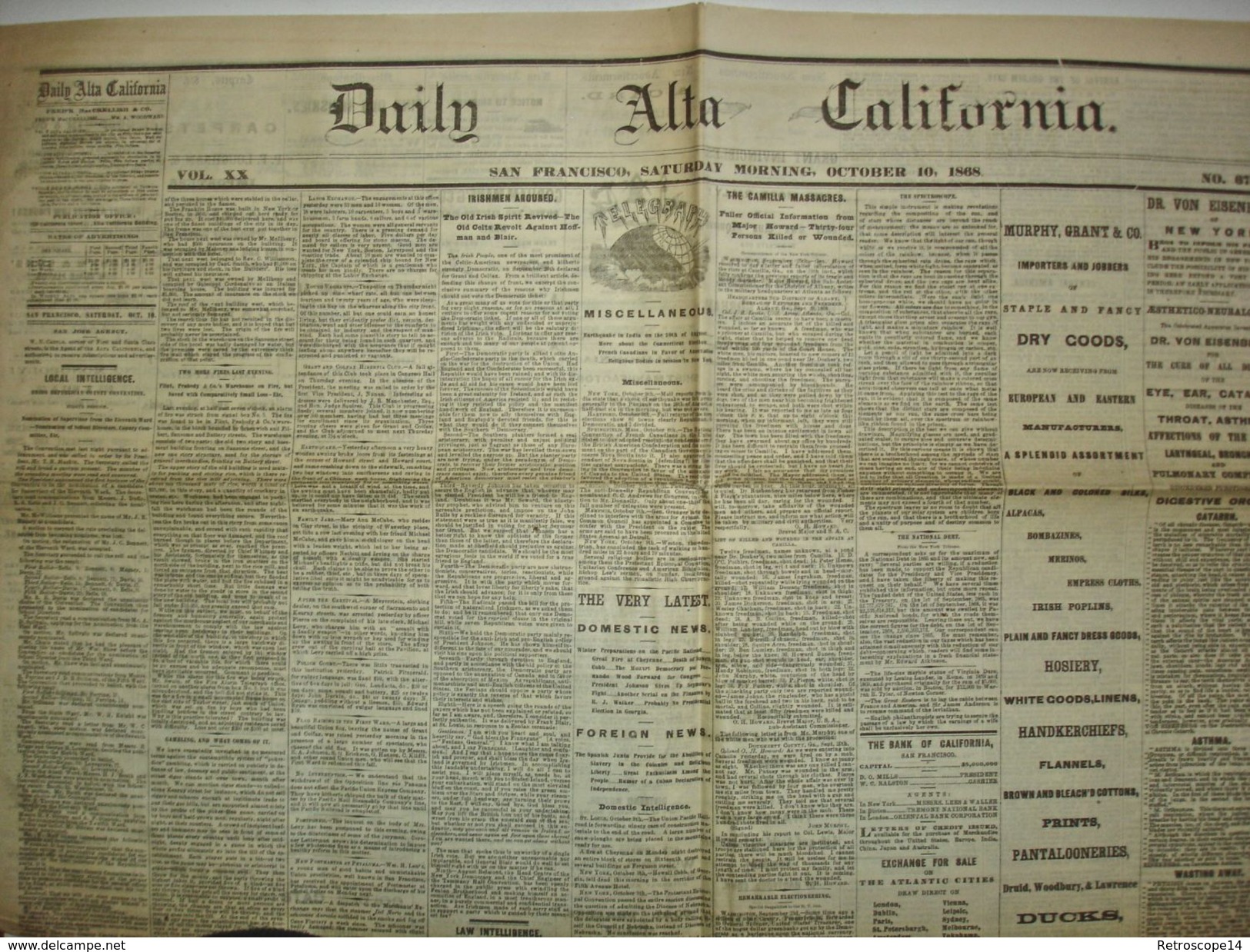 Rare Antique Newspaper DAILY ALTA CALIFORNIA 1868. Franklin House, Earthquake... - 1850-1899