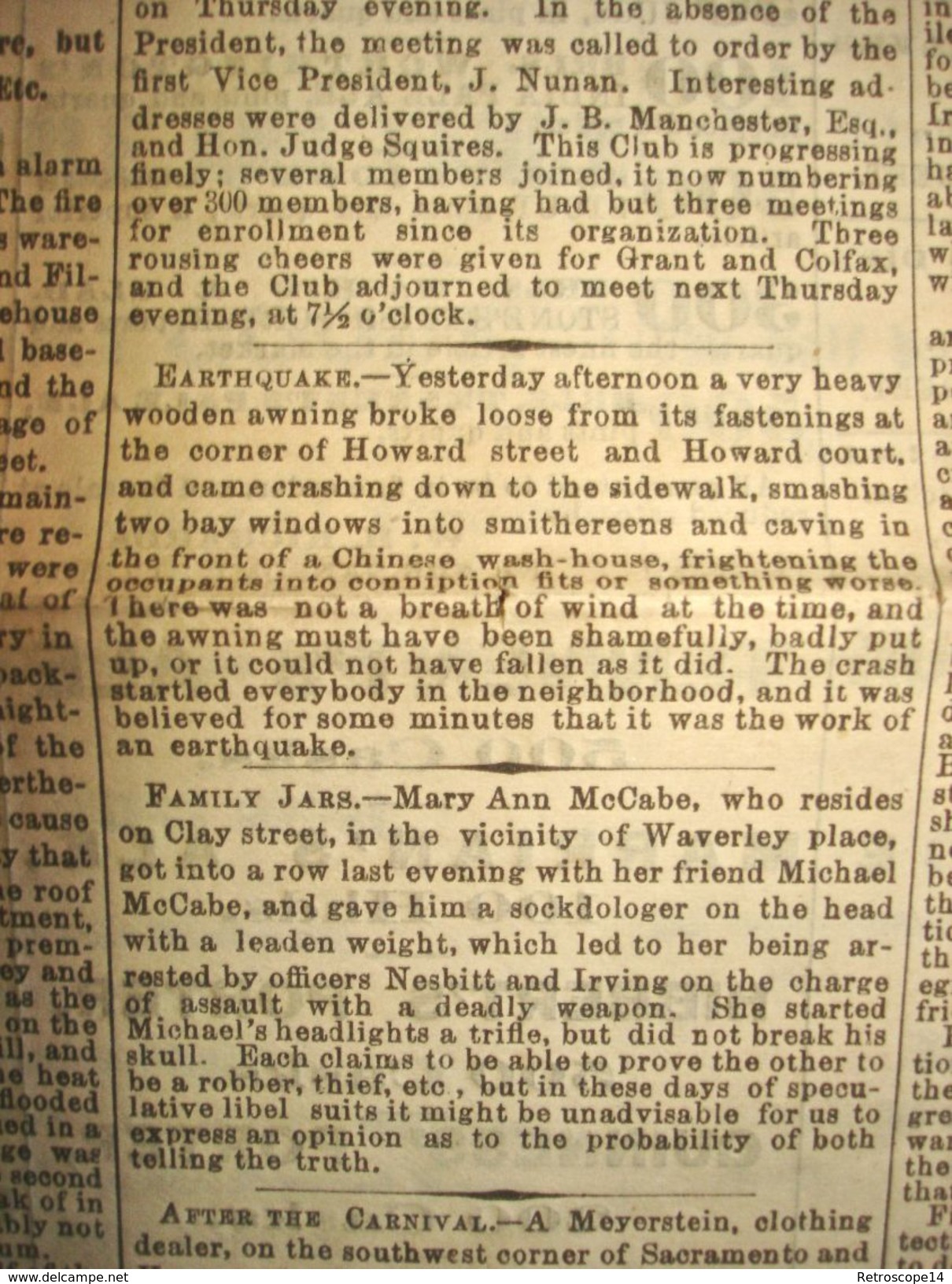 Rare Antique Newspaper DAILY ALTA CALIFORNIA 1868. Franklin House, Earthquake... - 1850-1899