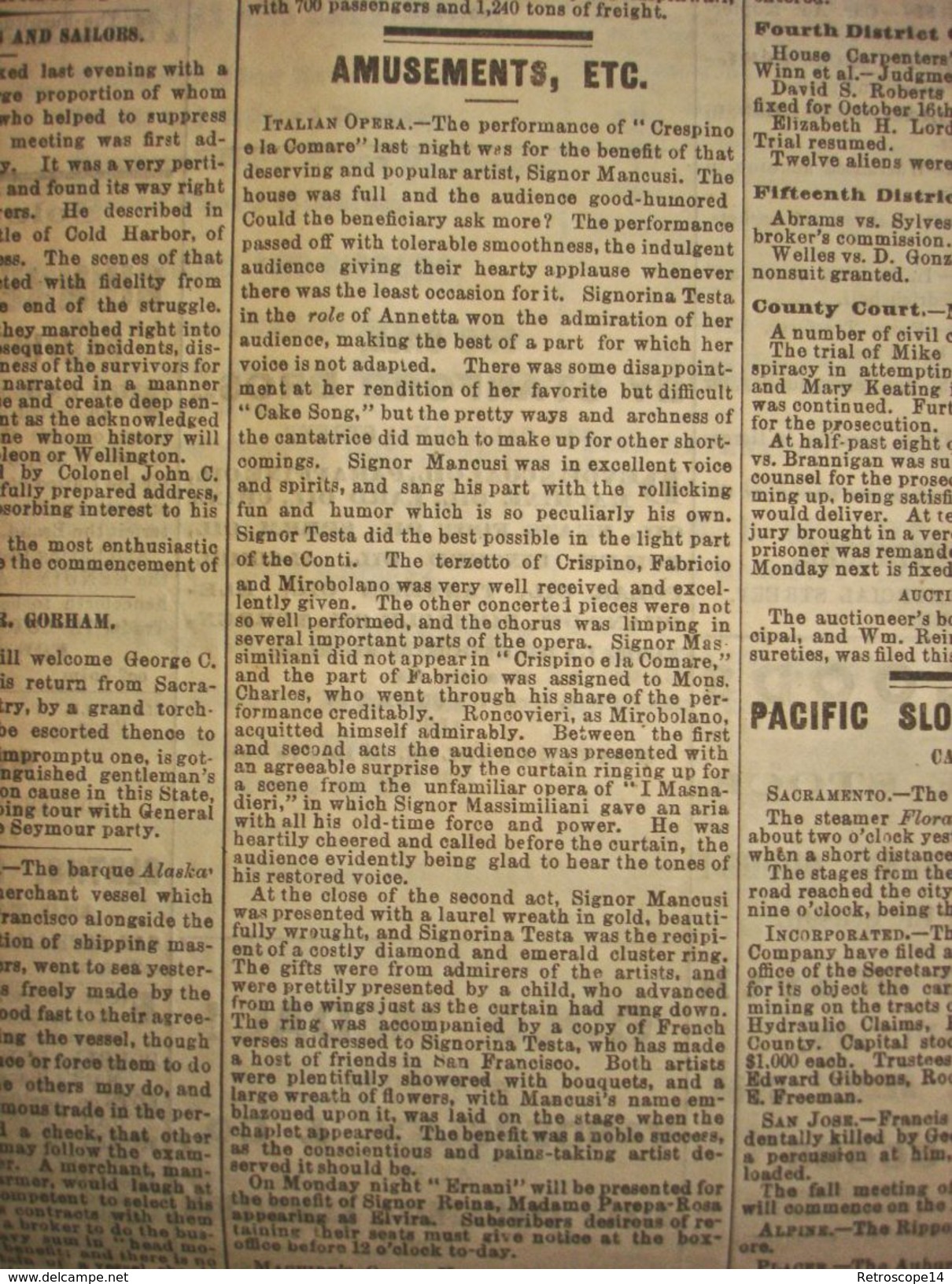 Rare Antique Newspaper DAILY ALTA CALIFORNIA 1868. Franklin House, Earthquake... - 1850-1899