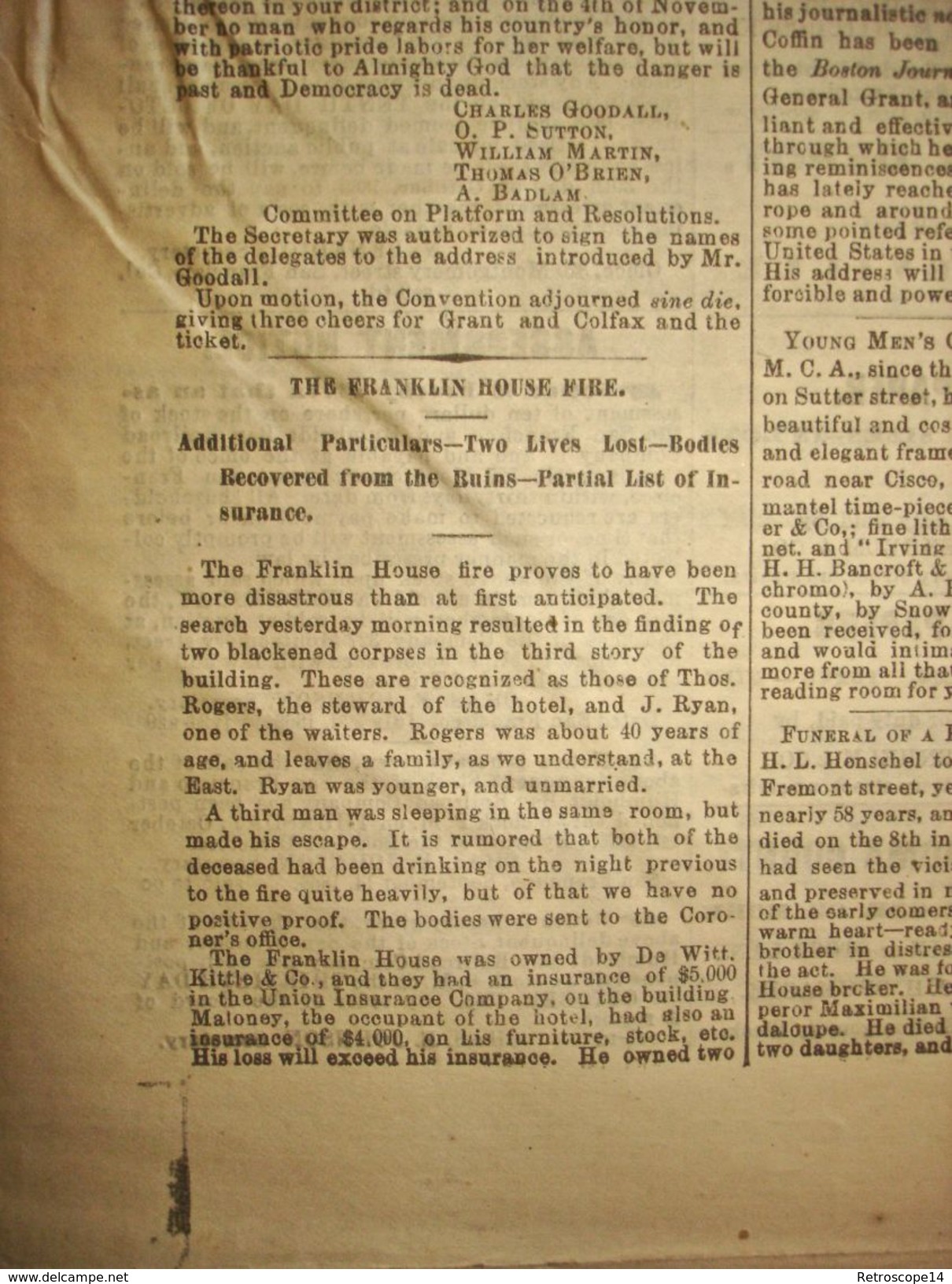 Rare Antique Newspaper DAILY ALTA CALIFORNIA 1868. Franklin House, Earthquake... - 1850-1899