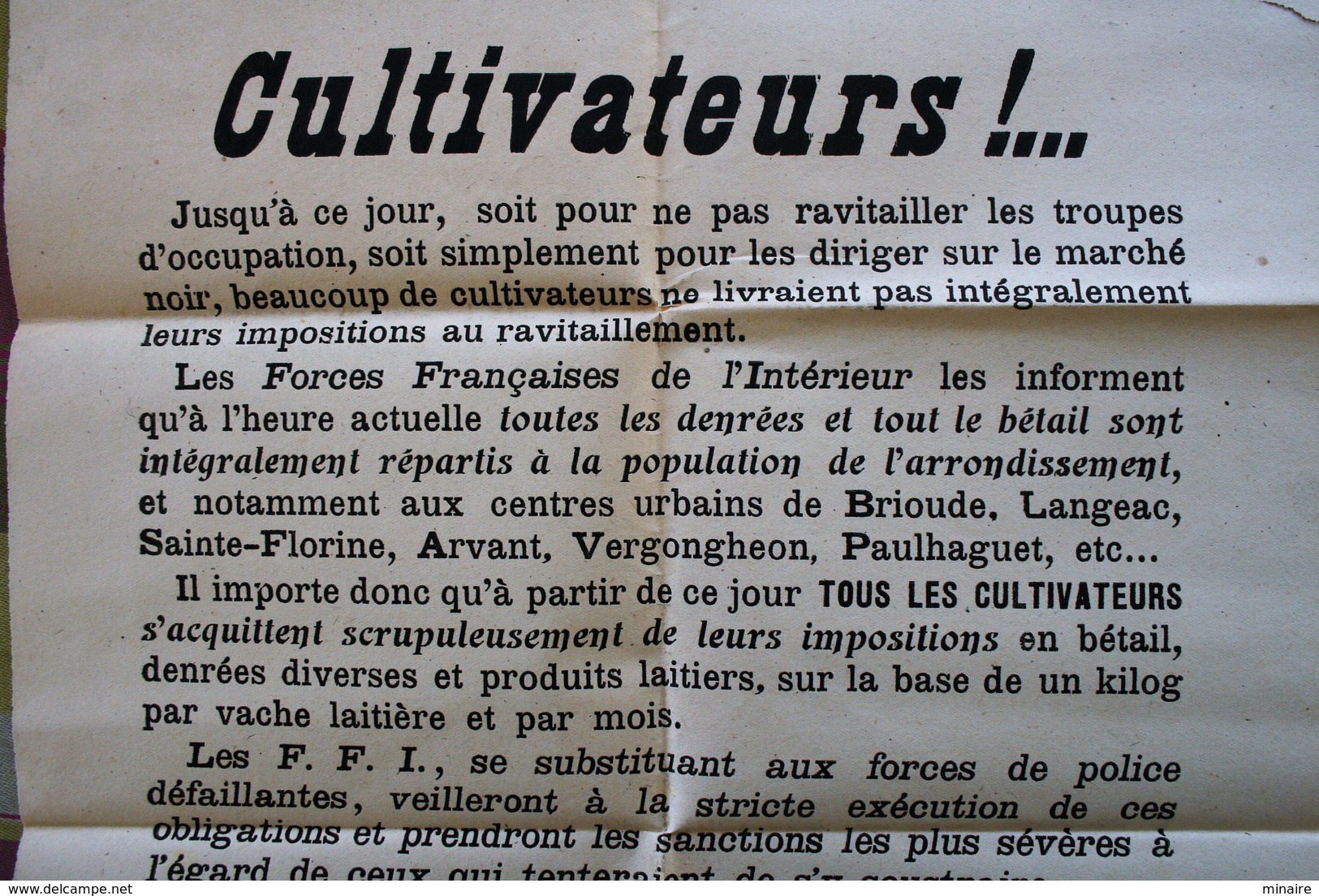 Affiche Originale -12 Août 1944 FFI Auvergne Secteur Brioude (Langeac, Ste Florine,..) Réquisition Denrées Agricoles - 1939-45