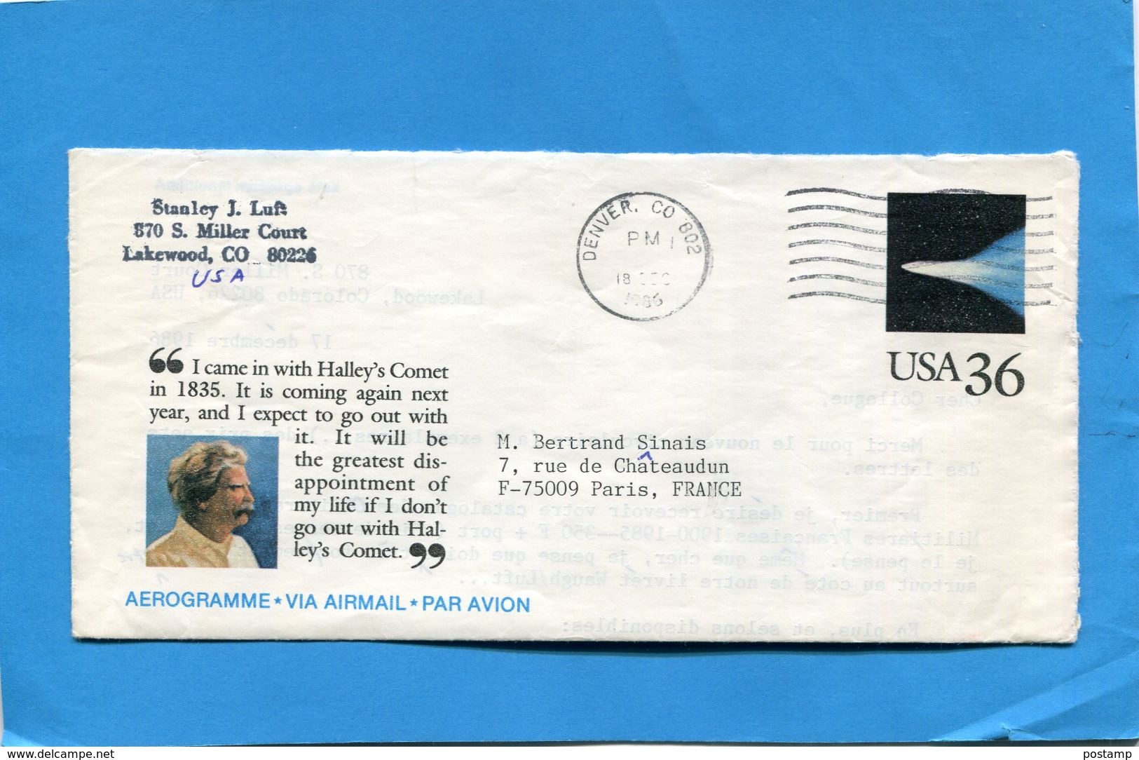 Marcophilie-lettre -Aérogramme-HALLEY'S COMET -36 C>France-cad  Denver 1985 - 1981-00