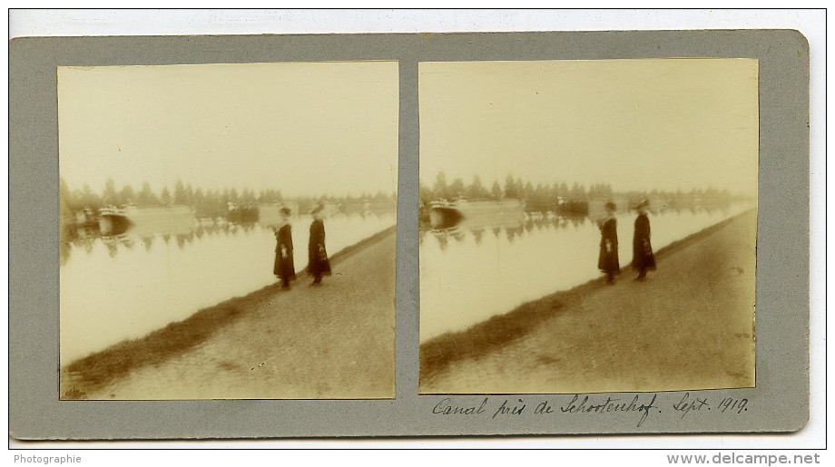 Belgique Schoten Hof Canal De Herentals? Ancienne Photo Stereo Amateur 1919 - Old (before 1900)