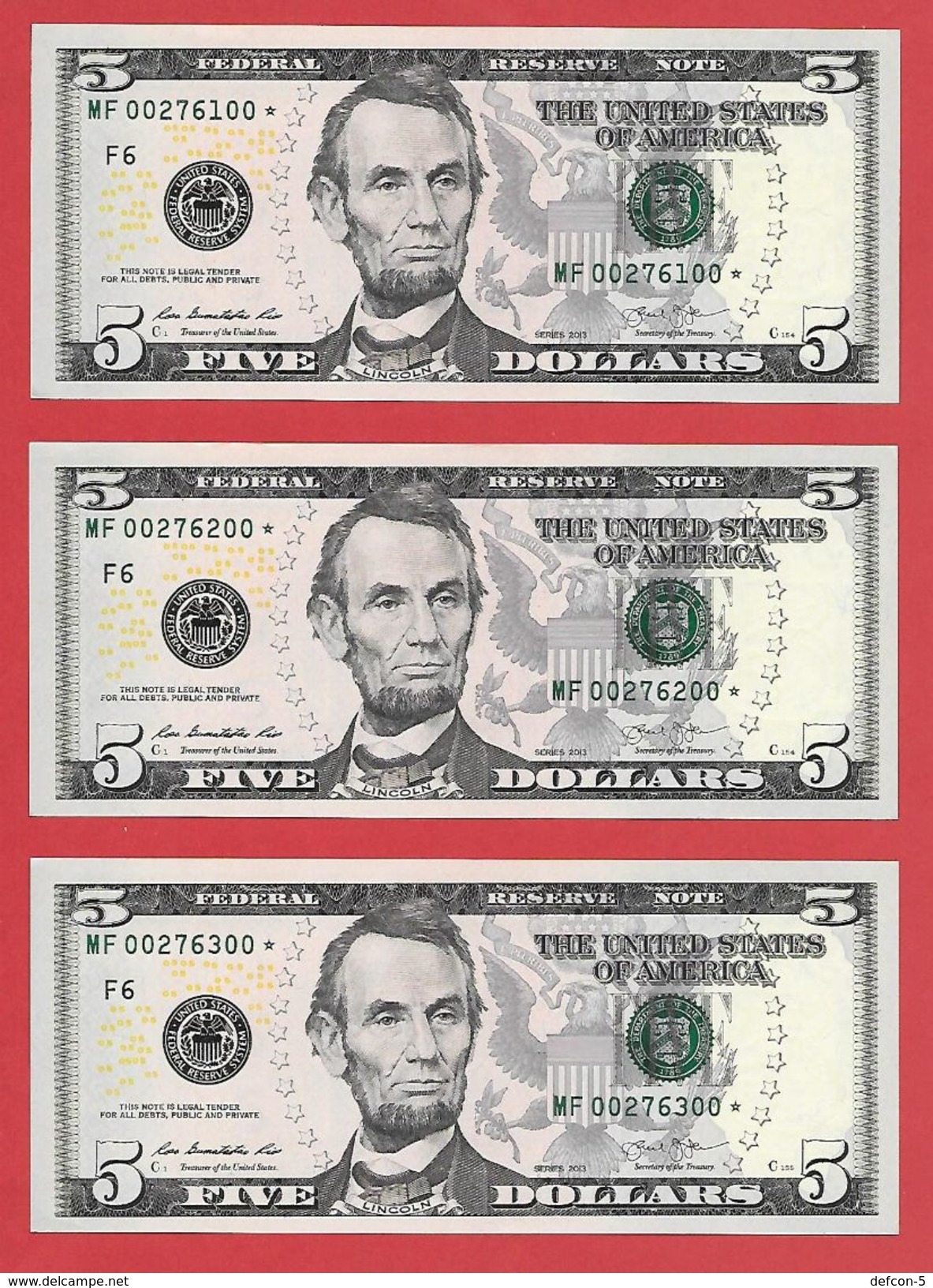 3x STARNOTE ° 5 US-Dollar 2013 ° 3.200.000 Run-Size ° Sehr Guter Zust. ° MF0276100+200+300* ($004-05) Fancy Small Number - Errors