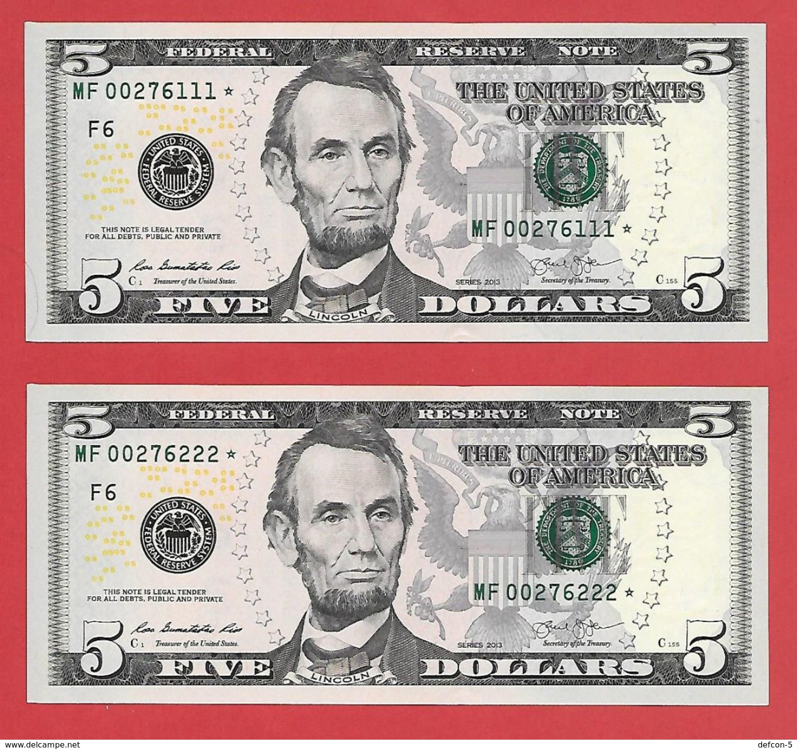 2x STARNOTE ° 5 US-Dollar 2013 ° 3.200.000 RunSize ° Sehr Guter Zustand ° MF0276111+222* ($005-05) Fancy Small Number - Abarten