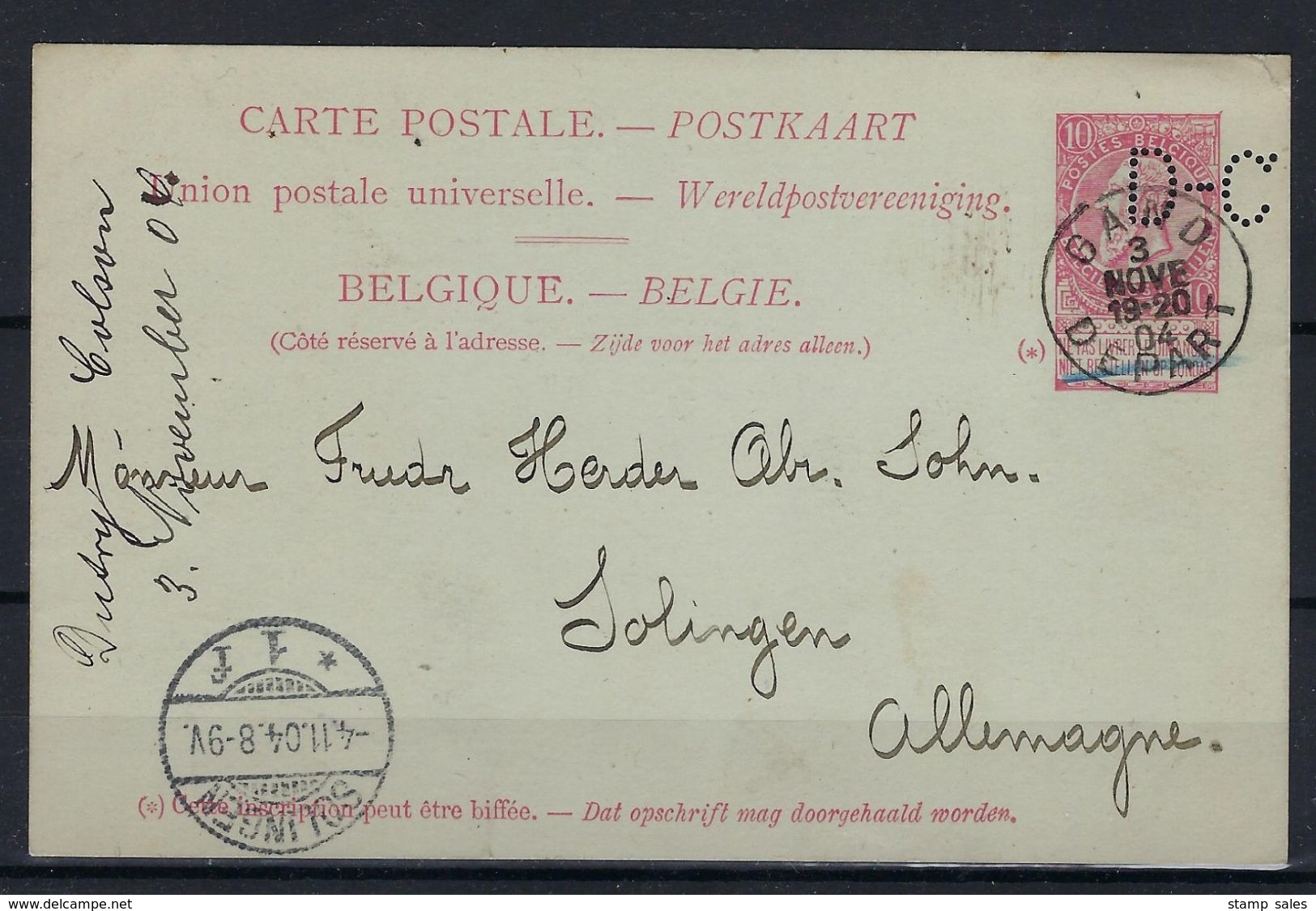 CARTE POSTAL N°29 MET PERFIN D-C GESTEMPELD Gand Depart NAAR Solingen Allemagne SUPERBE - 1863-09