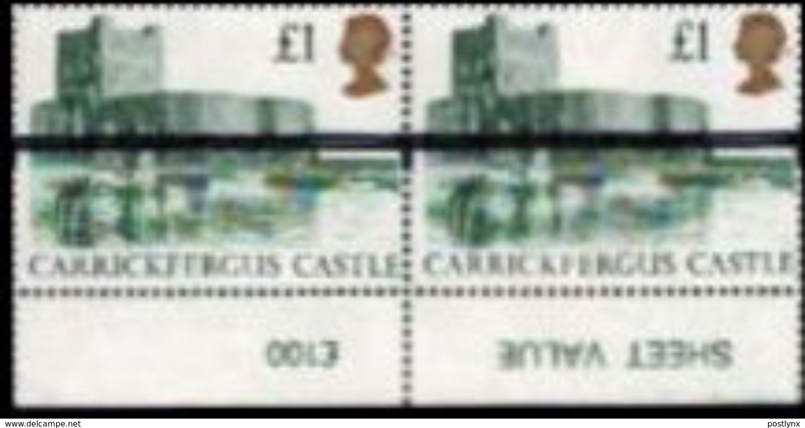 GREAT BRITAIN 1988 Castles £1 Post Office Training Stamps OVPT:1 Bar MARG PAIR - Errors, Freaks & Oddities (EFOs